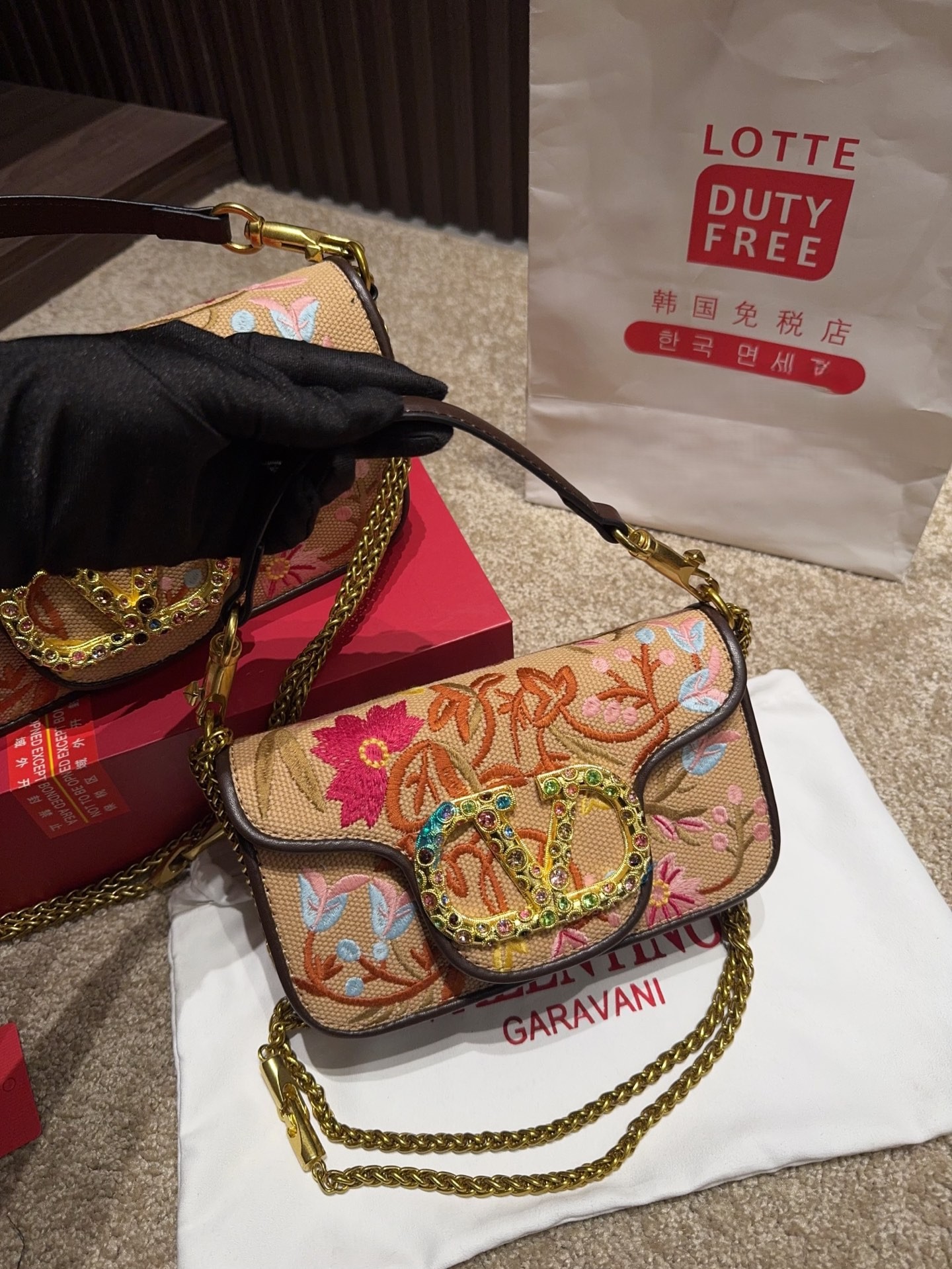 Valentino Caramel Multicolor Floral Embroidered Canvas Crystal VLogo Rectangular Flap Chain Shoulder Bag - KAIROO