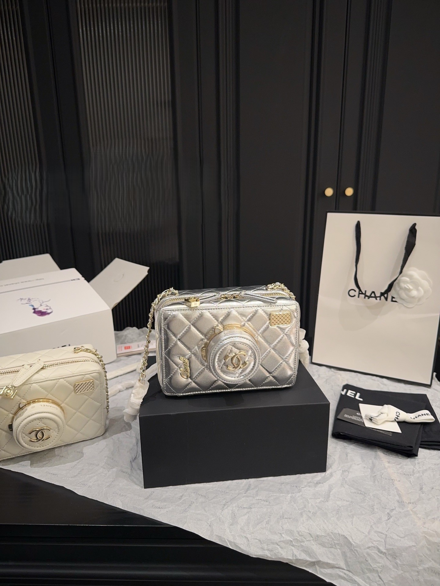 Chanel 24S Quilted Shiny Leather 3D Flip Mirror Lens Chain Strap Camera Box Shoulder Bag - KAIROO