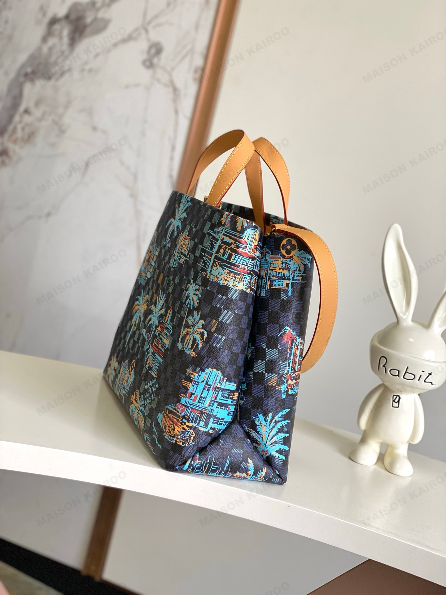 Louis Vuitton LV Summer Tiles Onthego Shopper Tote MM Damier Graphite Palm Tree Print Canvas Leather Tote Bag - KAIROO