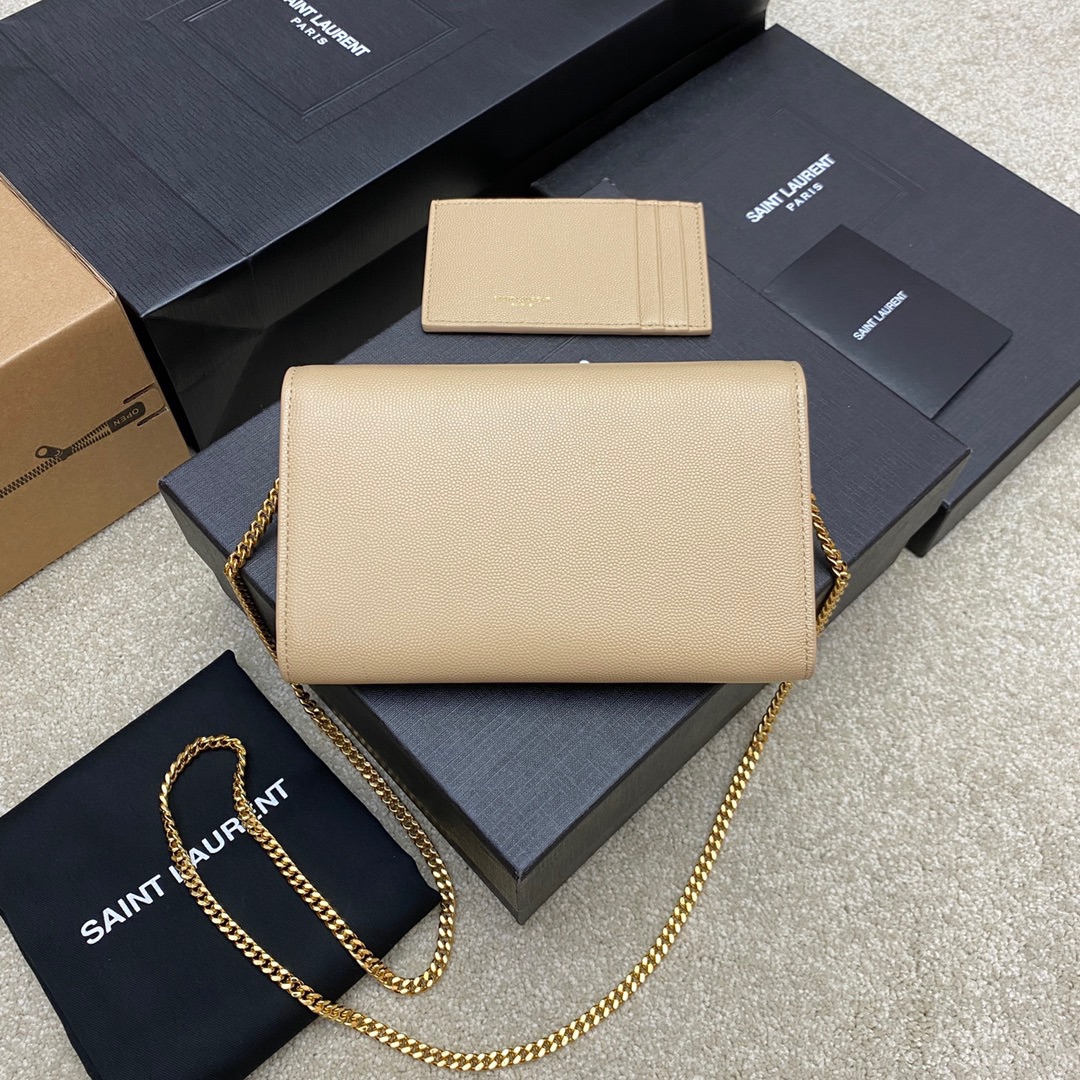 Saint Laurent Beige Uptown Chain Wallet in Grained leather