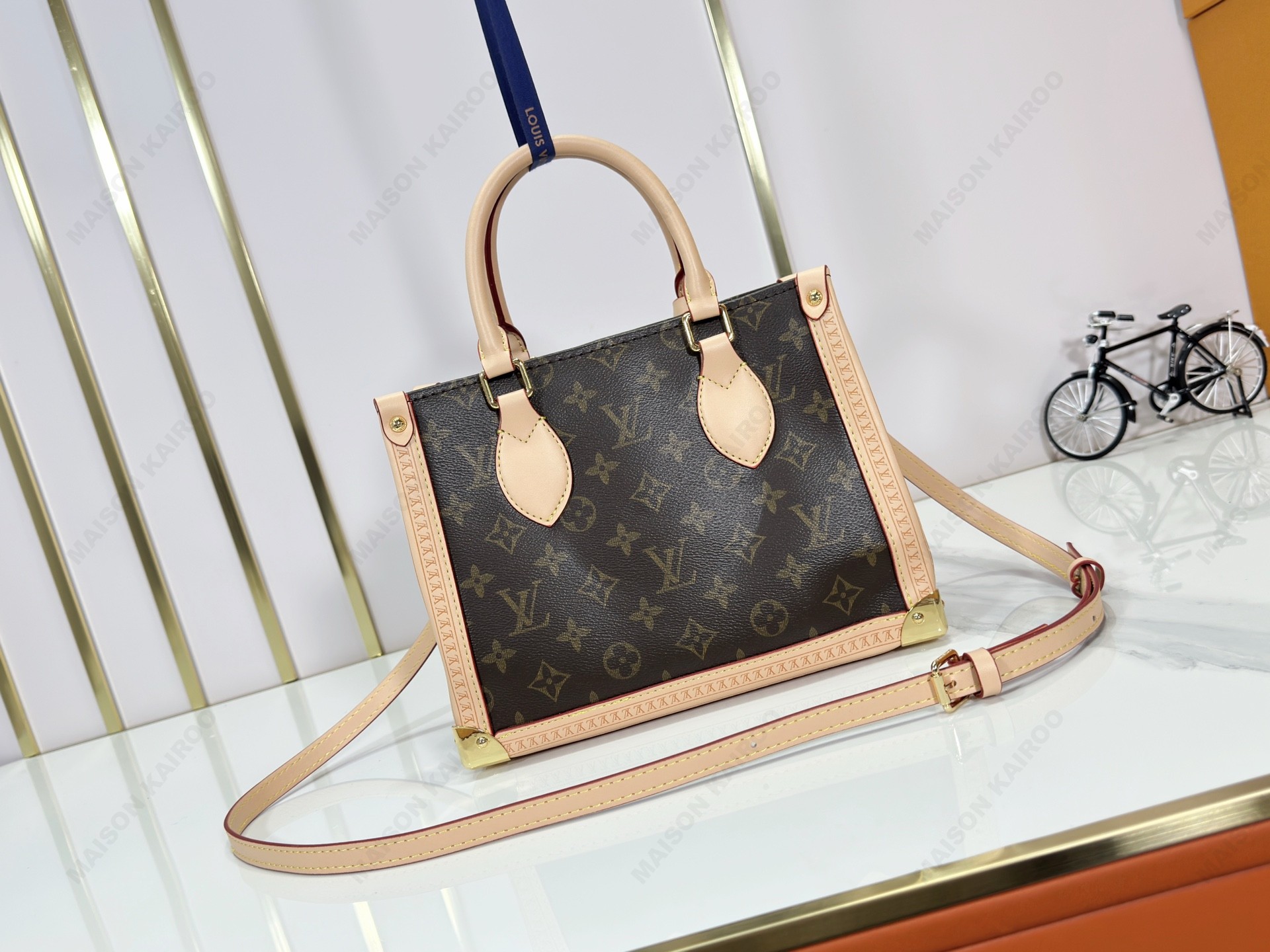 Louis Vuitton LV OnTheGo PM Studded Trunk Corners Monogram Canvas Beige Vachetta Top Handle Tote Bag - KAIROO