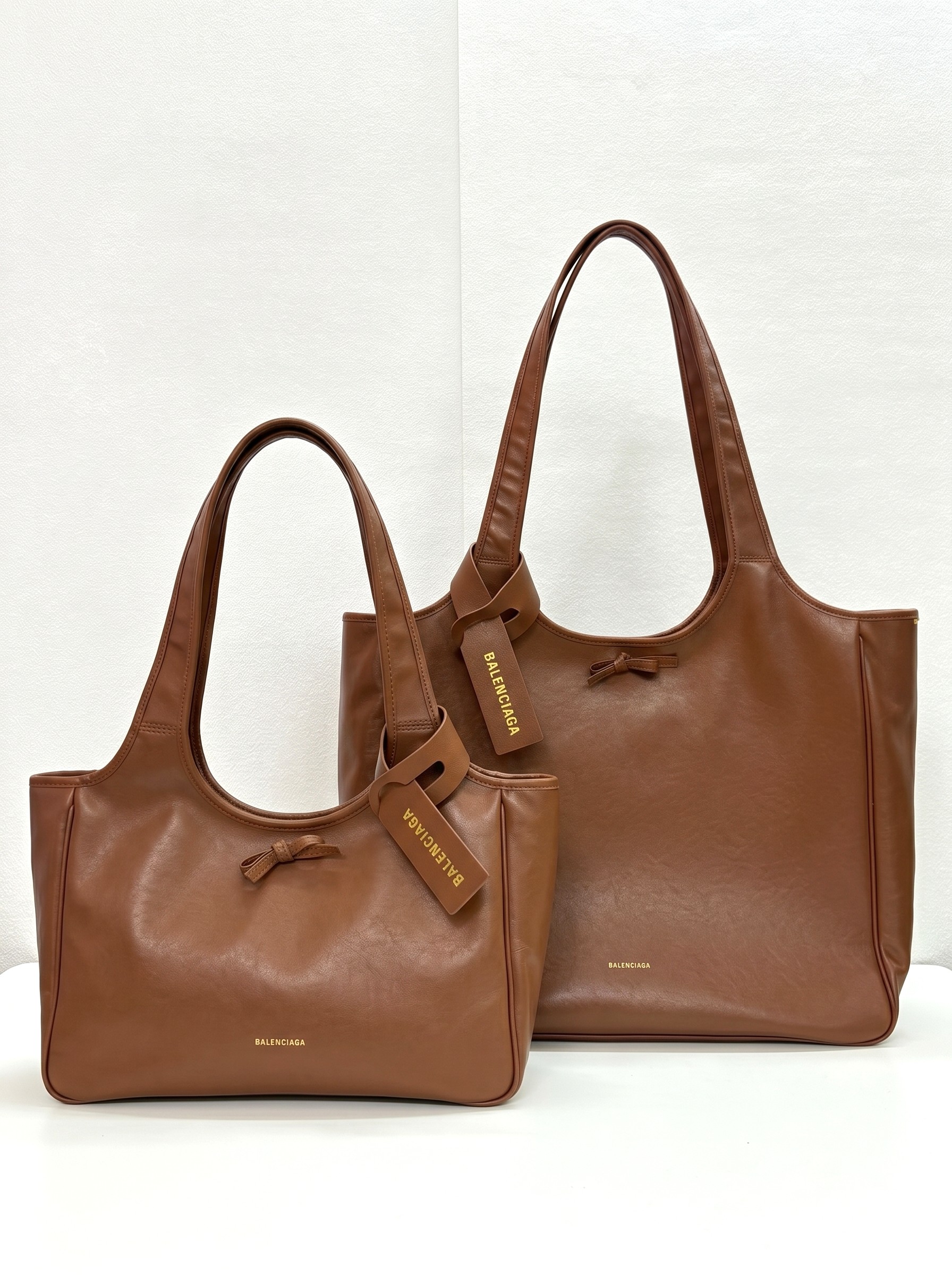 Balenciaga Bel Air Small& Large Brown Smooth Leather Bow Detail Handle Shoulder Tote Bag - KAIROO