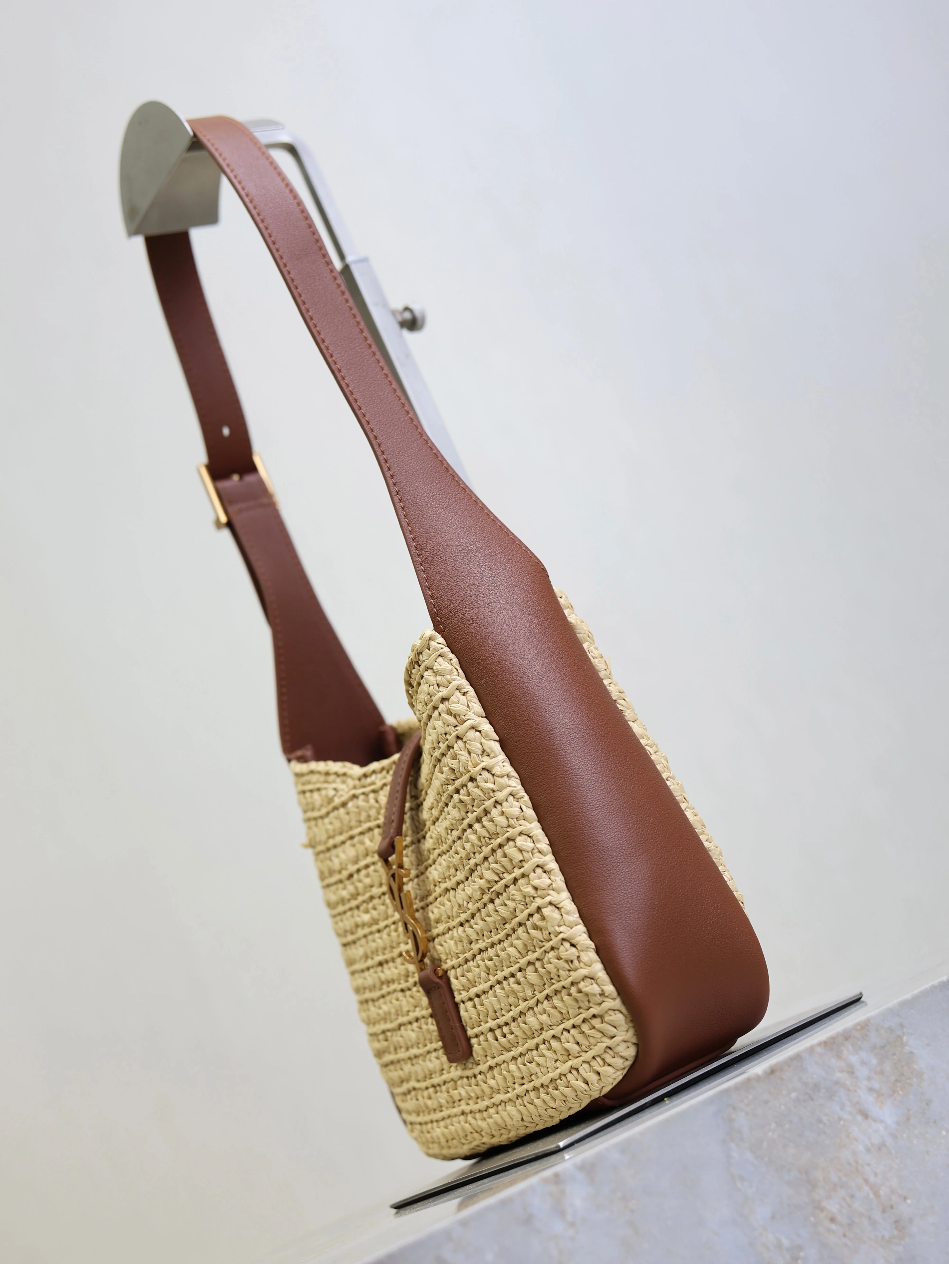 Saint Laurent YSL LE 5A7 Mini 15cm Brown Beige Raffia Leather GHW