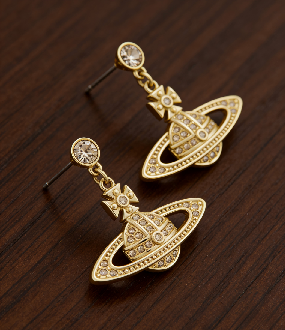 2026 New Vivienne Westwood Gold Tone Crystal Saturn Orb Drop Earrings for Women, Trendy Y2K Aesthetic Dangle Jewelry, Perfect for Daily & Party Wear