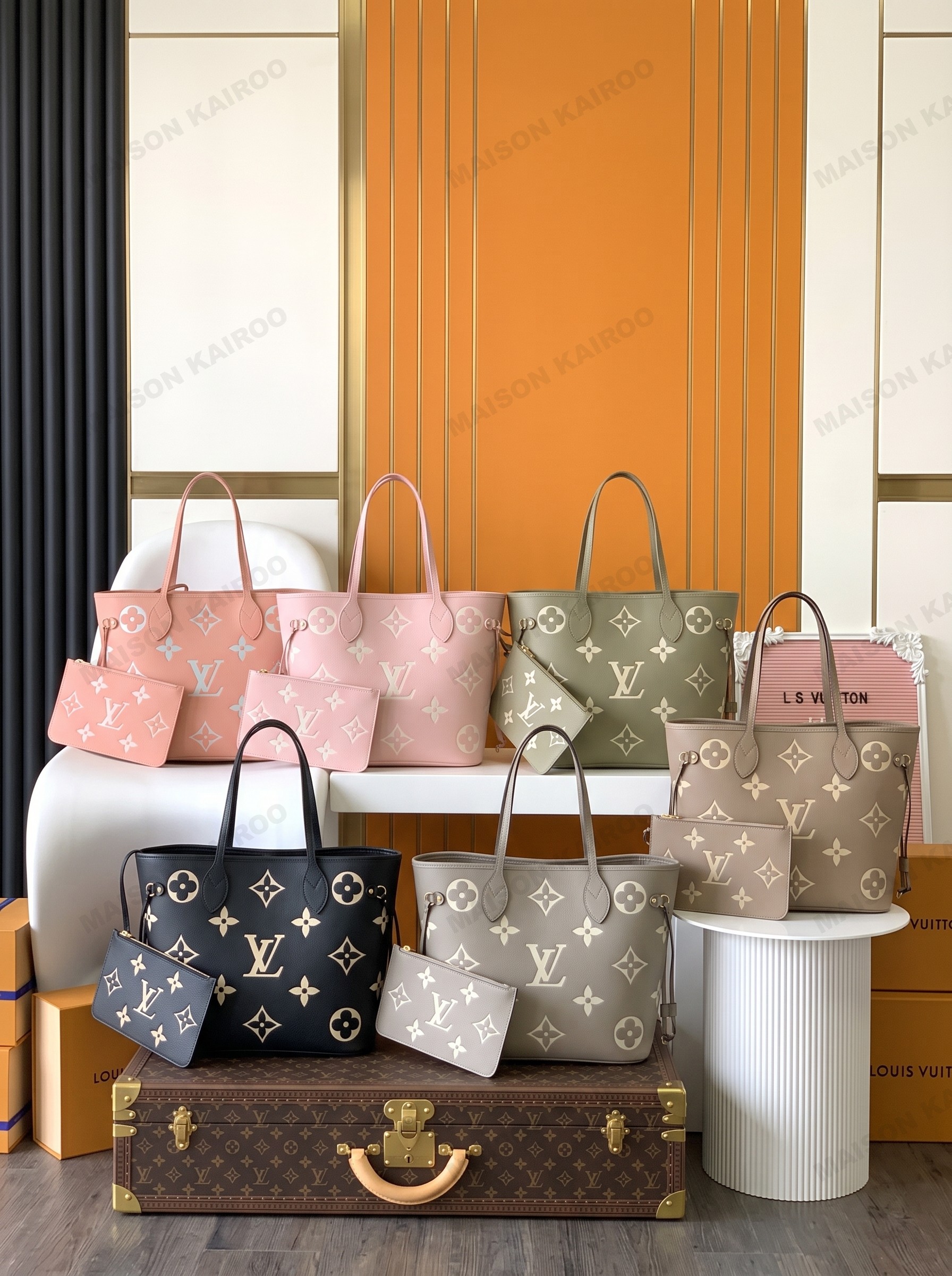 【10A】Louis Vuitton LV Neverfull MM Bicolor Giant Logo Monogram Empreinte Leather Tote Bag With Pouch - KAIROO