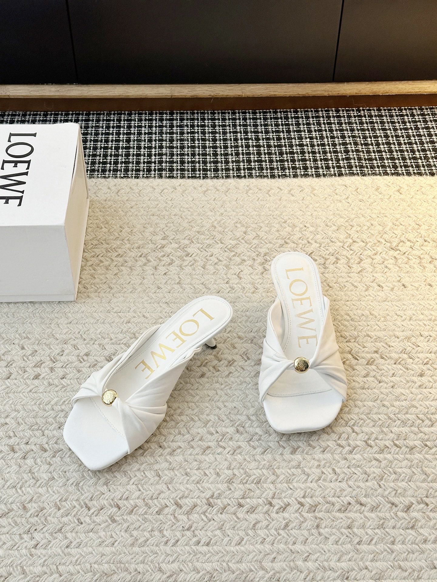 Loewe Paseo Draped Twist Leather Anagram Gold Button Open Toe Kitten Heeled Sandal Mules - KAIROO