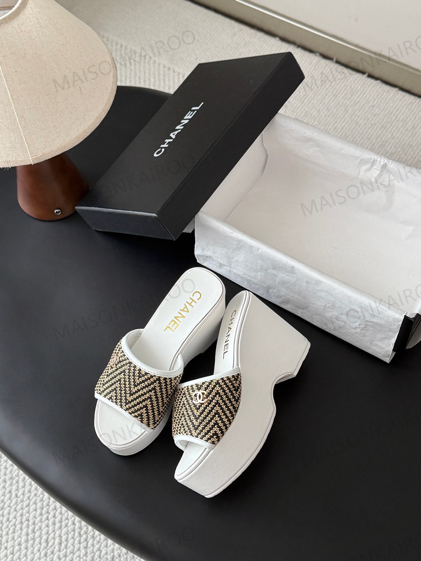 Chanel  Woven CC Platform Wedge Slides - KAIROO