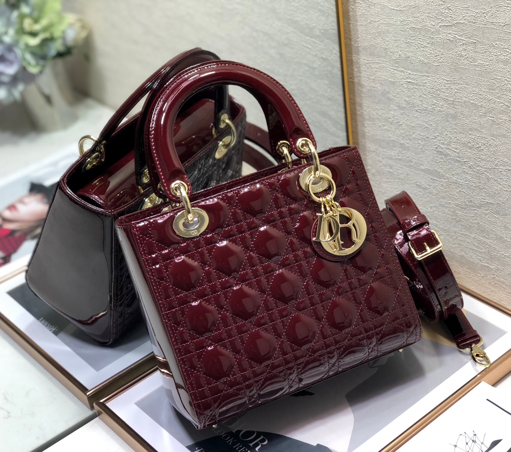 Medium Lady Dior Bag in Dark Red Patent Cannage Leather