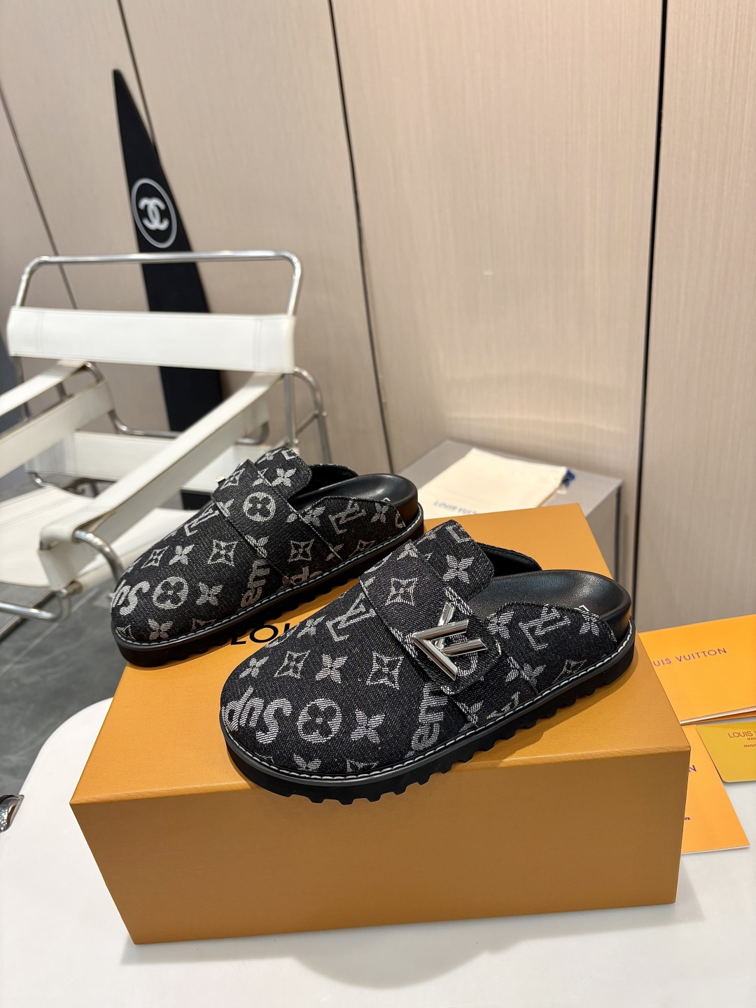 Louis Vuitton Cosy Monogram Black Denim Silver Logo Buckle Flat Birkenstock Sandals Clog Mules - KAIROO