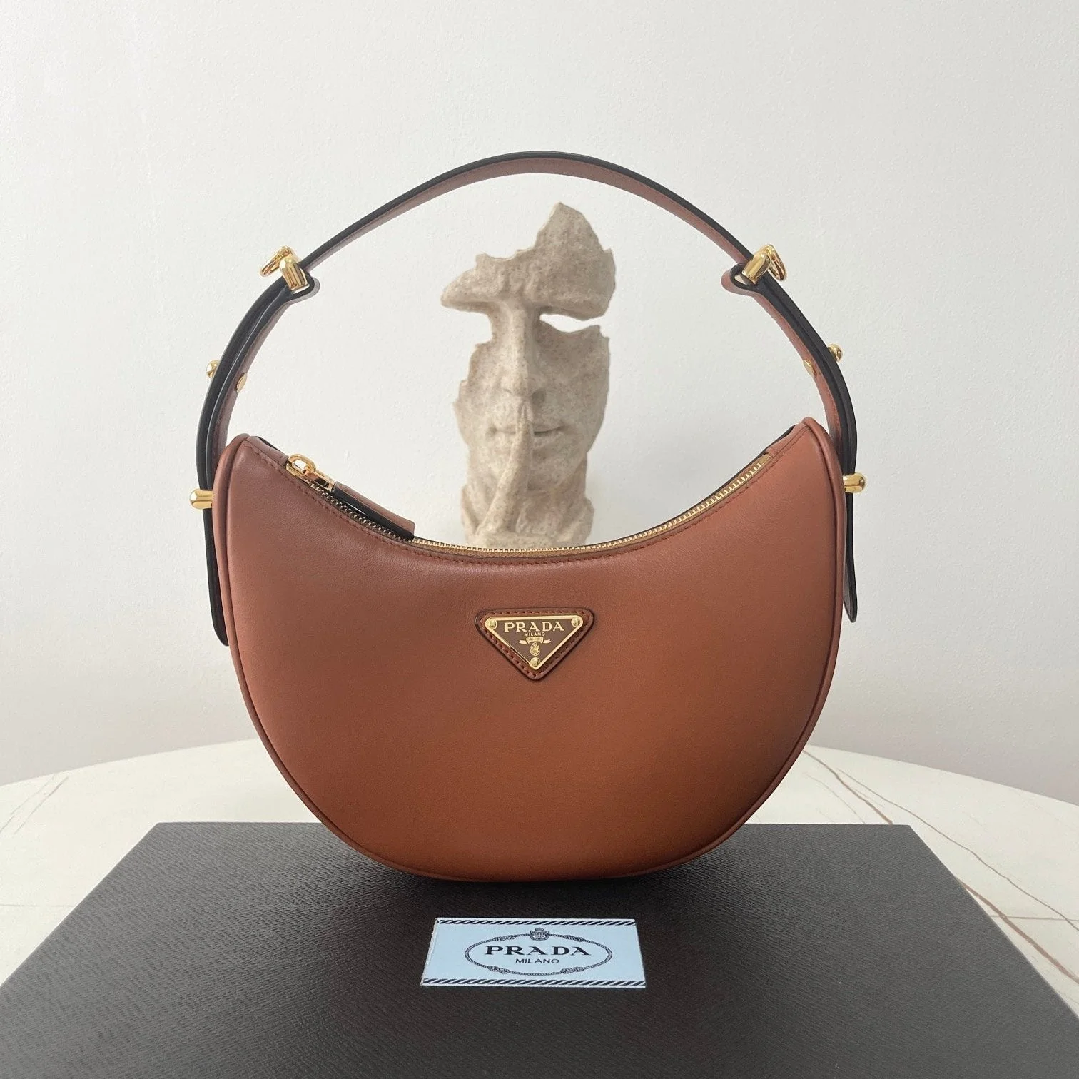 Prada ARQUÉ 22 SHOULDER BAG IN COGNAC BROWN LEATHER
