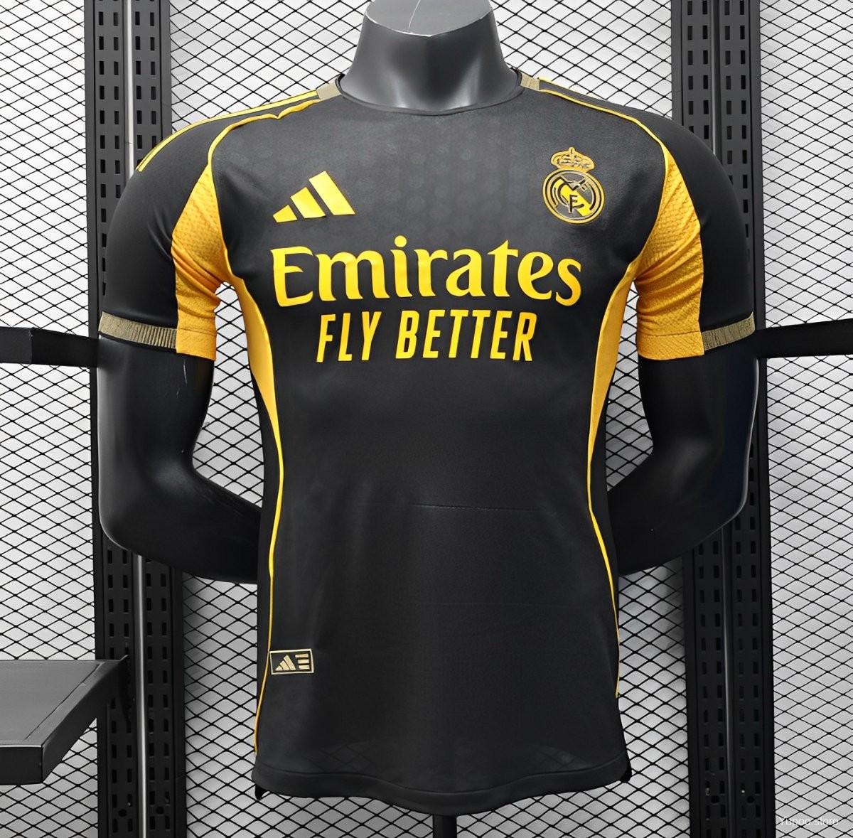 25/26 Real Madrid Black with Gold Accents and Emirates Sponsor Player Version Jersey