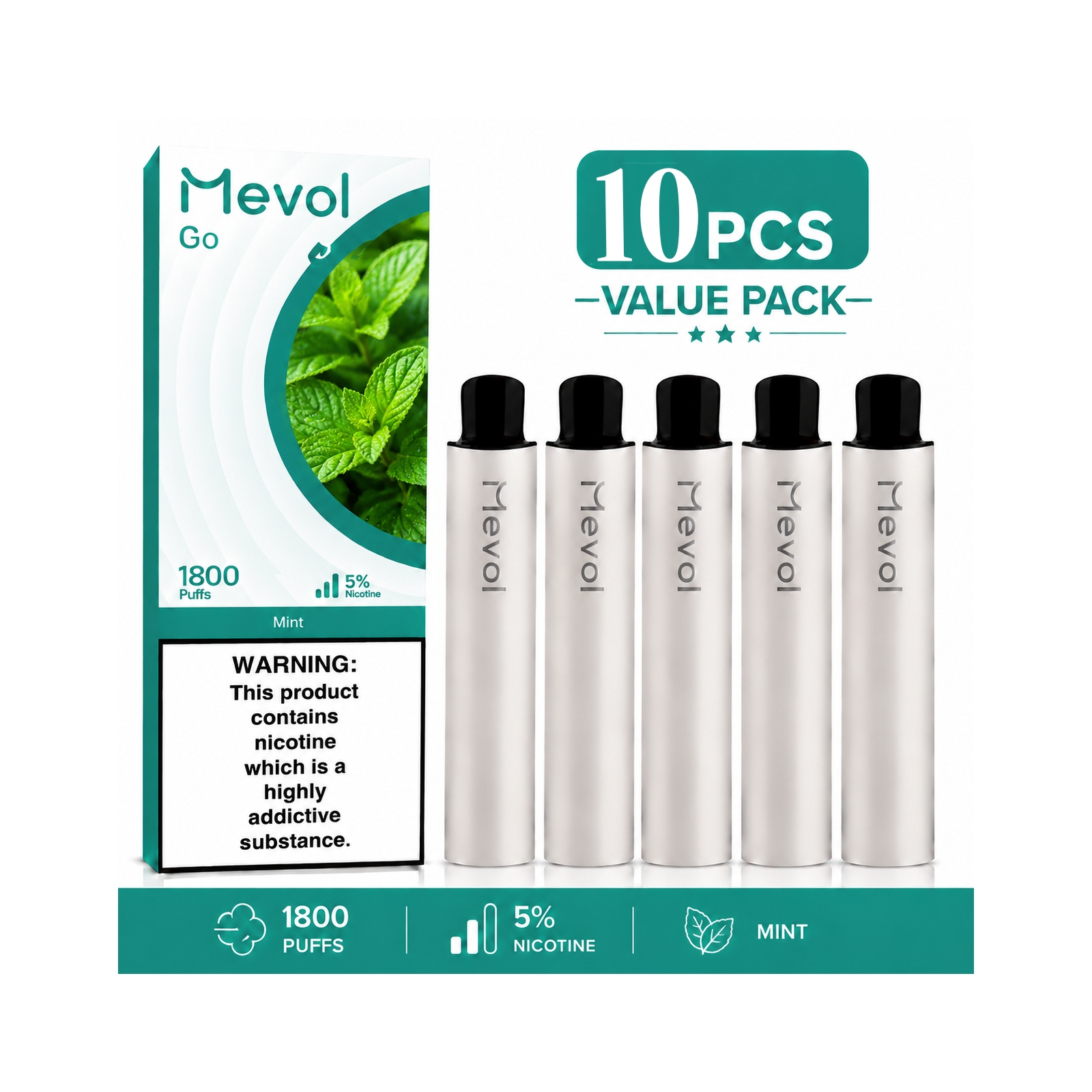 10Pcs Mevol Go 1800 Puffs 5% 5.2ml