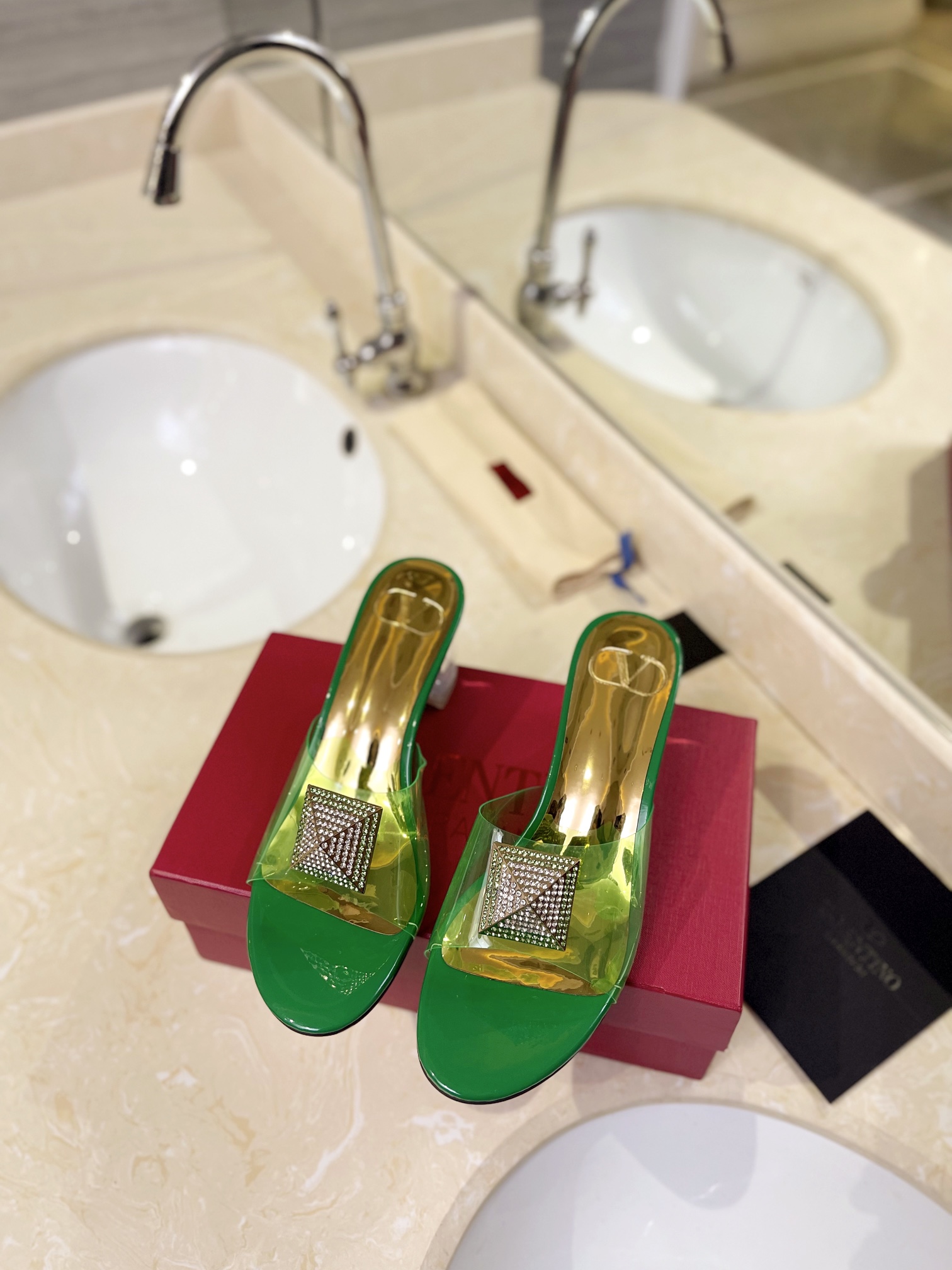 Valentino Rockstud Spike Green Leather Insole Square Crystal Stud Clear PVC Strap Block Slip-on Mules Heels - KAIROO