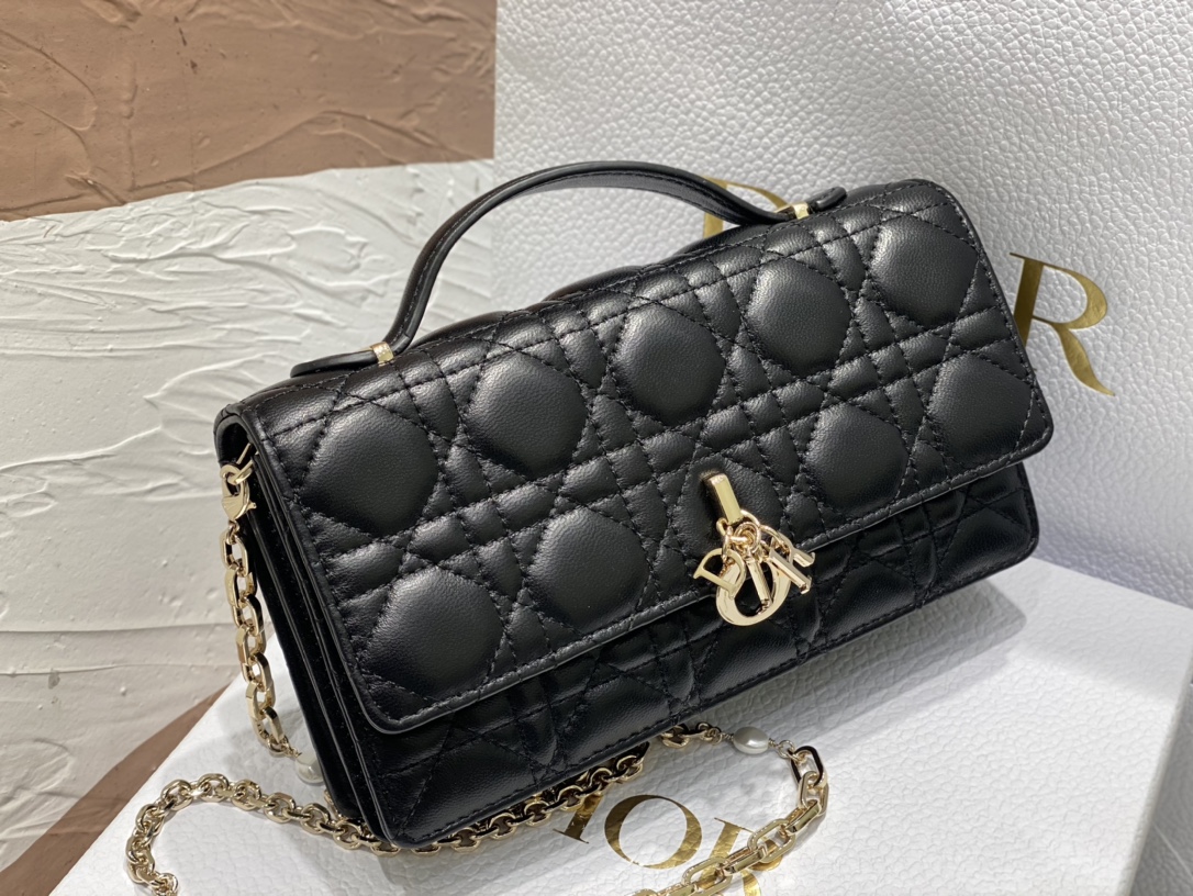 Miss Dior Chain Wallet/Clutch in Black Cannage Lambskin