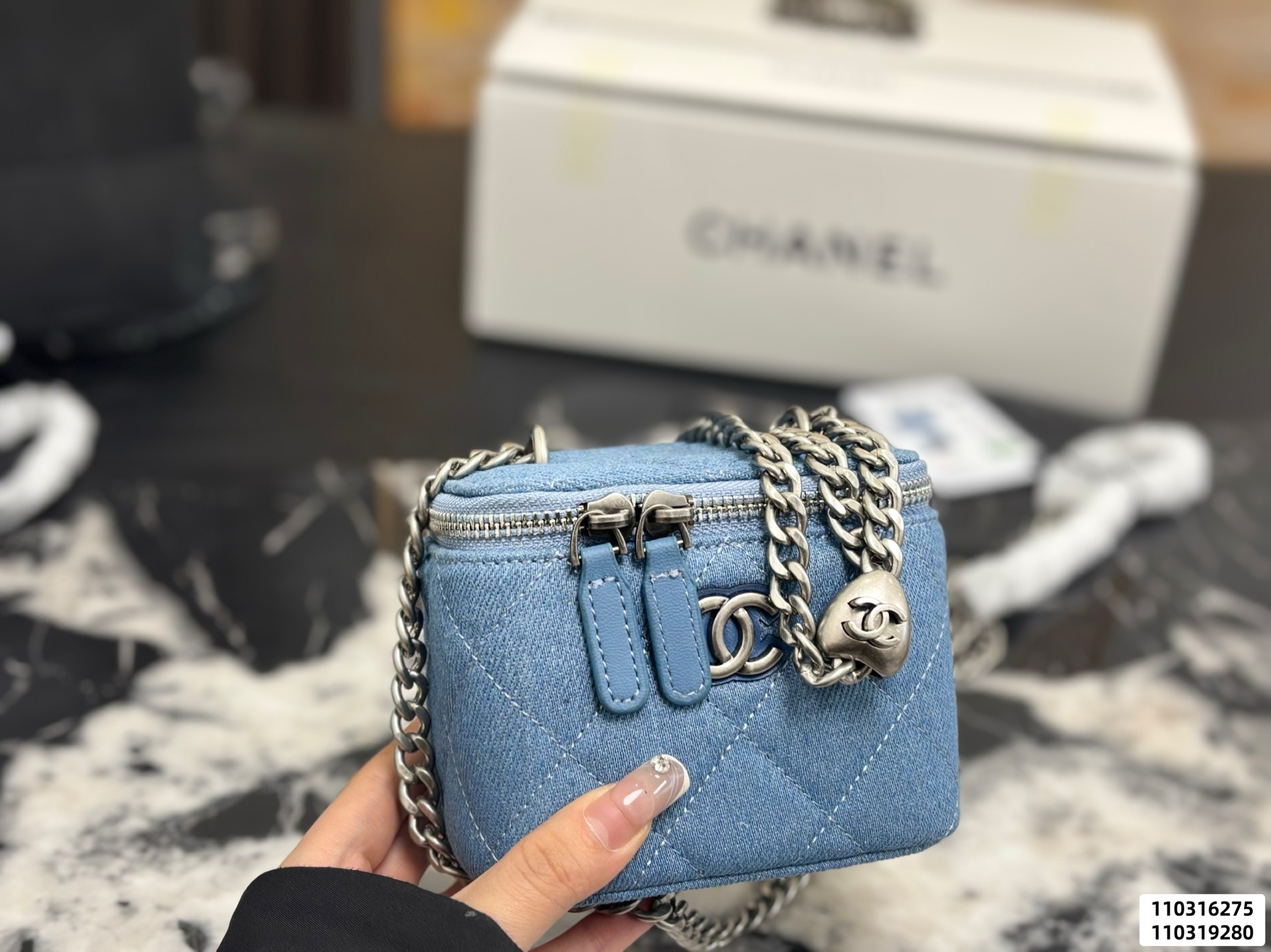 Chanel Sweetheart Mini/Small Denim Quilted Vanity Case Heart Ball Chain Box Crossbody Bag - KAIROO