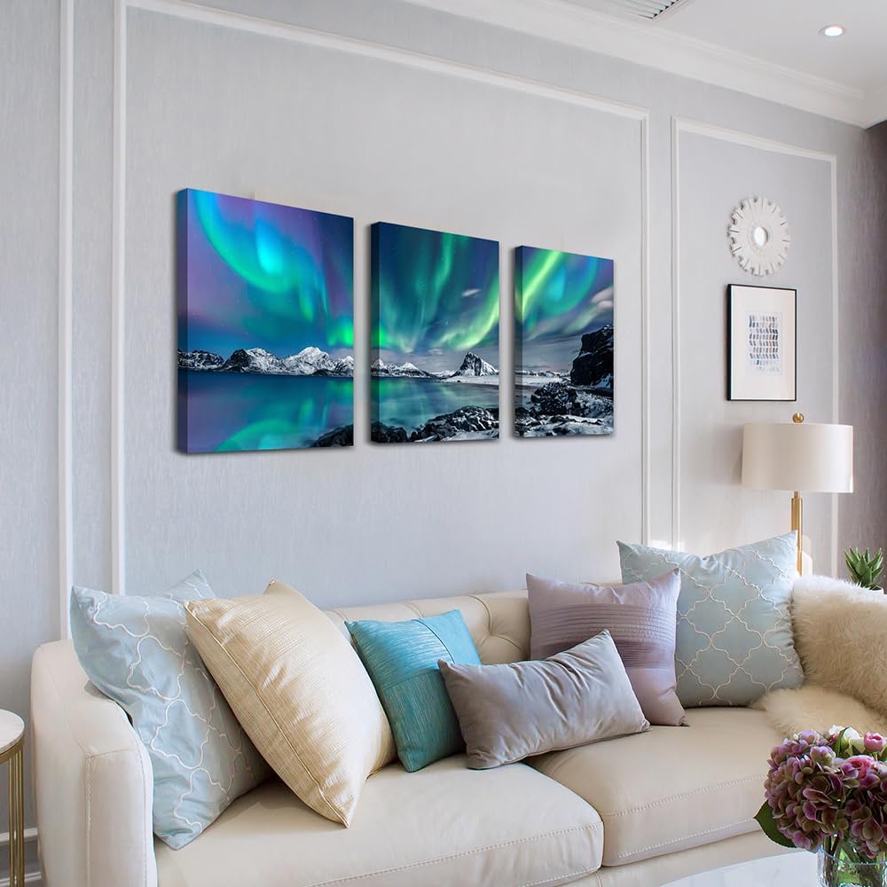 MHARTK66 Wall Art for Bedroom Wall Decor for Living Room Office Decor Abstract Mountain Aurora Landscape Painting 3 Piece Scenic Framed Canvas Art Prints Ready to Hang Kitchen Wall Pictures Home Decor