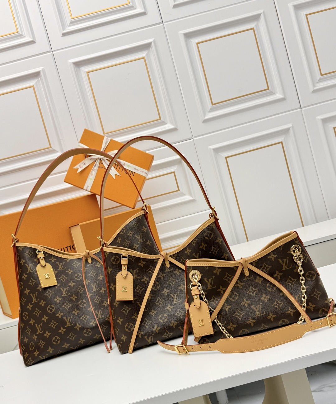 Louis Vuitton LV Carryall BB&PM&MM Monogram Brown Canvas Bow Leather Strap Hobo Shoulder Bag - KAIROO