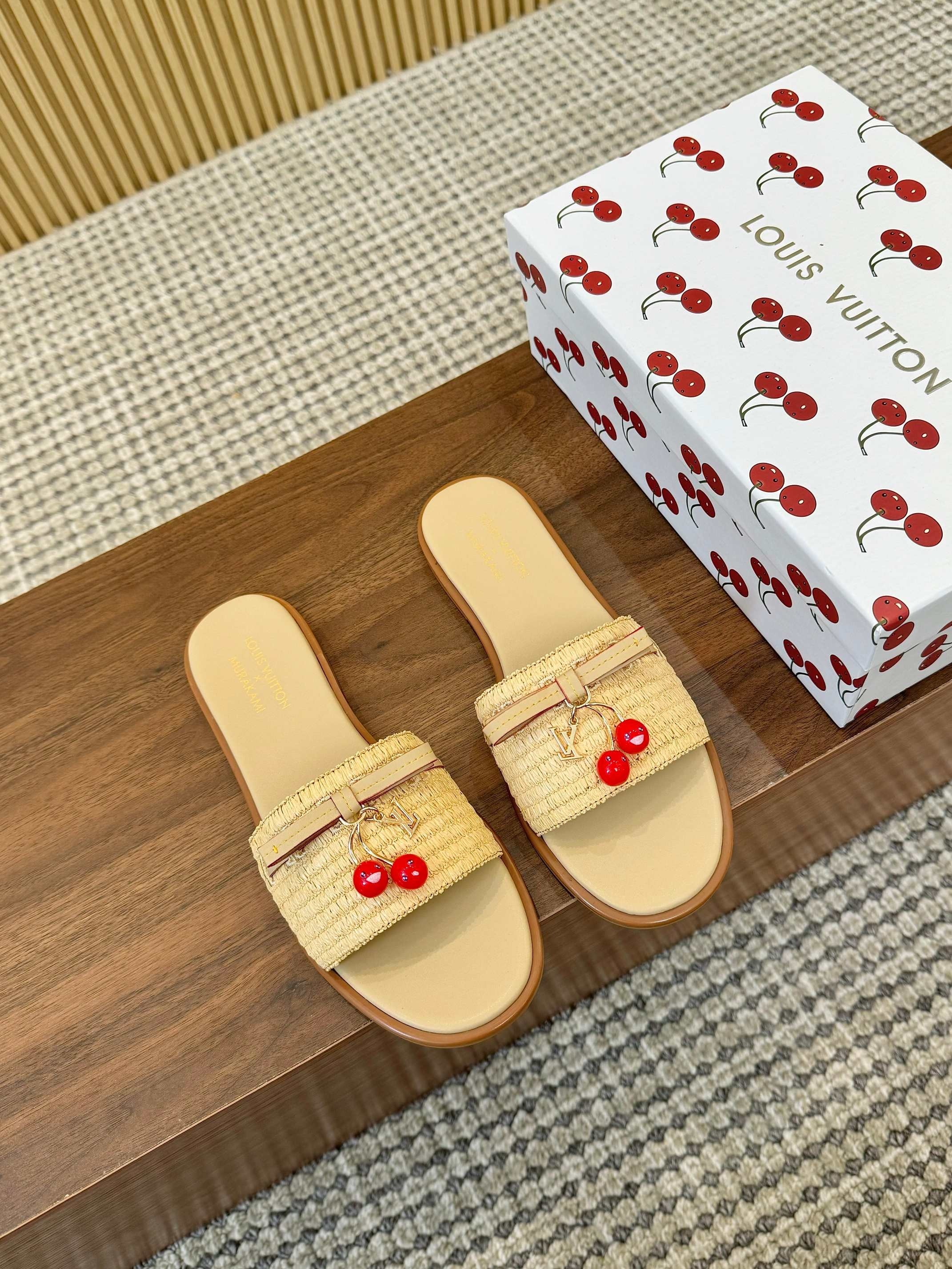 Louis Vuitton Monogram Canvas & Denim & Raffia Cherry Charm Bom Dia Flat Slide Sandals - KAIROO