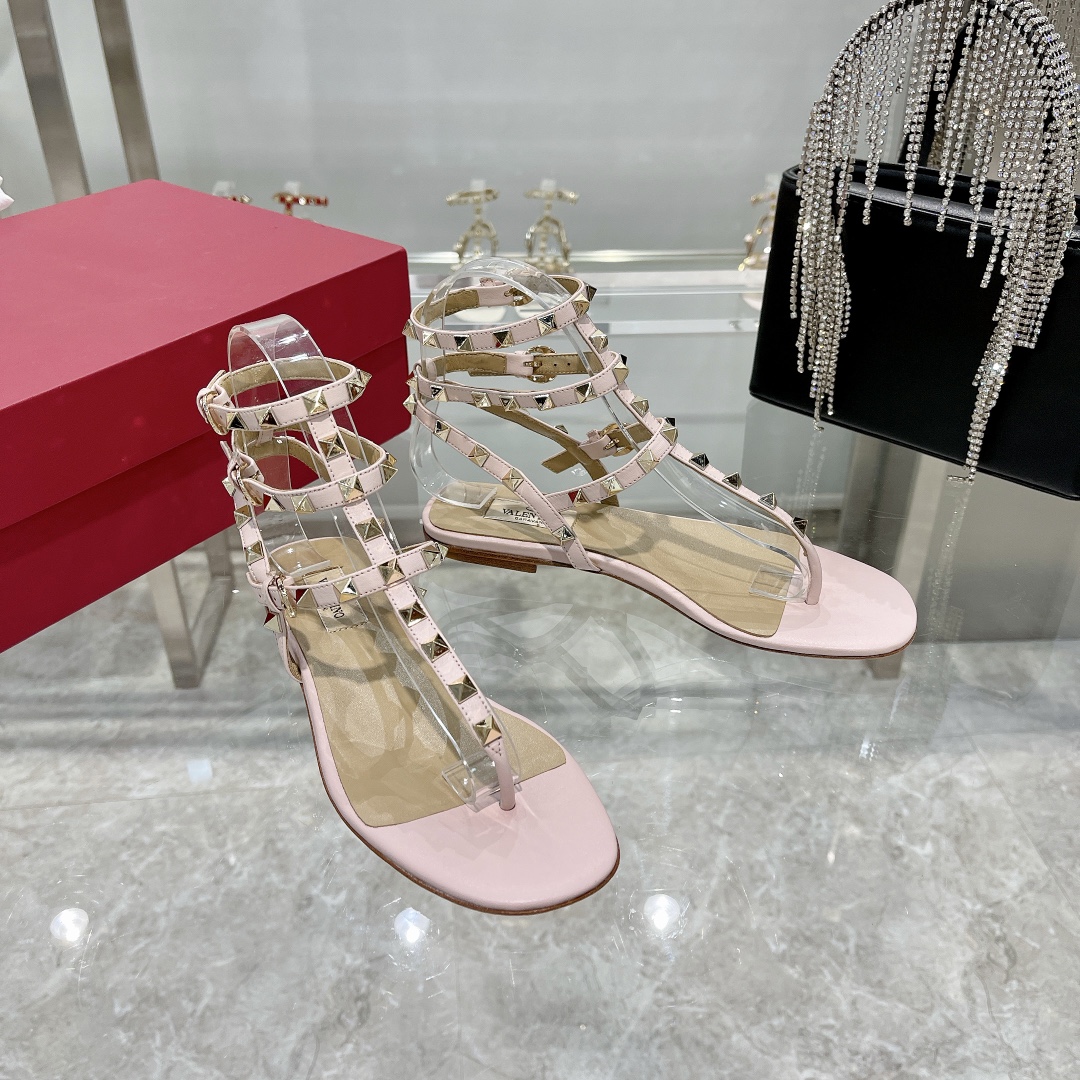 Valentino Rockstud Pink Leather Cage Triple Buckle Multi-Strap Studded Flat Sandals - KAIROO
