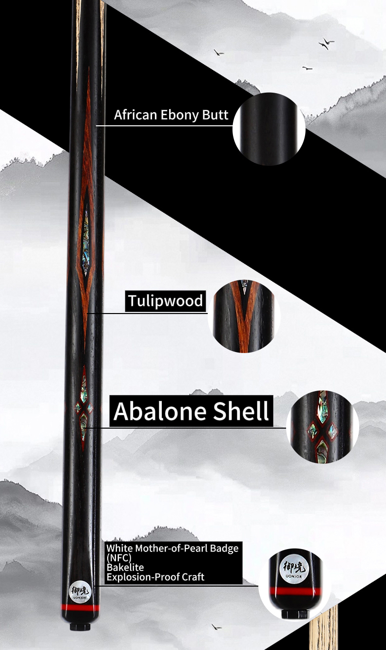 Jianyu Professional Snooker Cue 3/4 Jointed – Handcrafted Ash Shaft & Ebony Butt with Inlay | Complete Cue Set with Extension & Case
