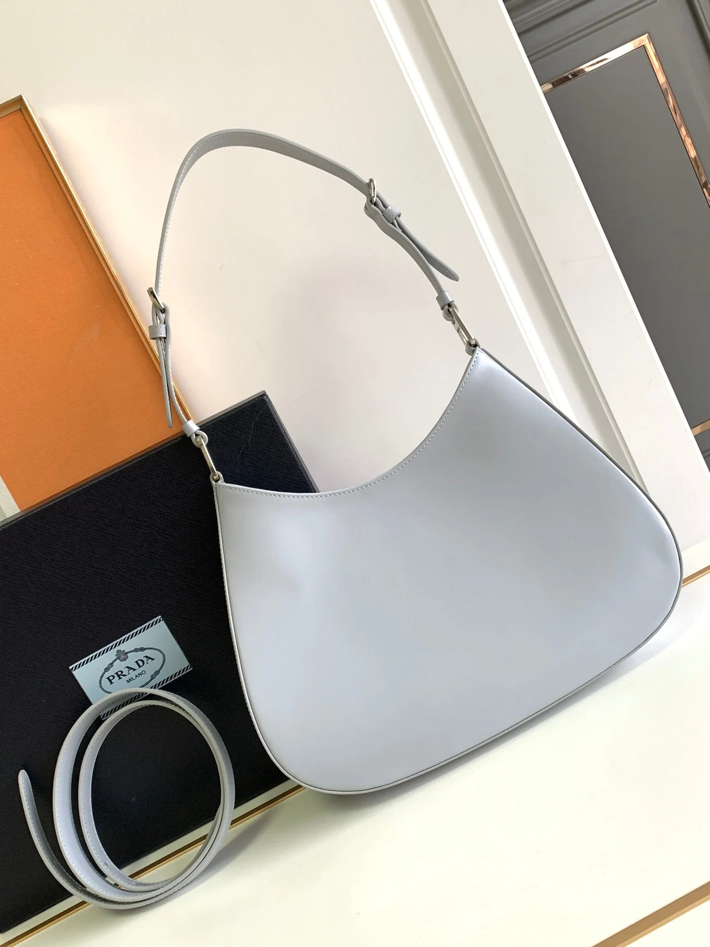 Prada CLEO 30 GREY BRUSHED LEATHER SHOULDER BAG