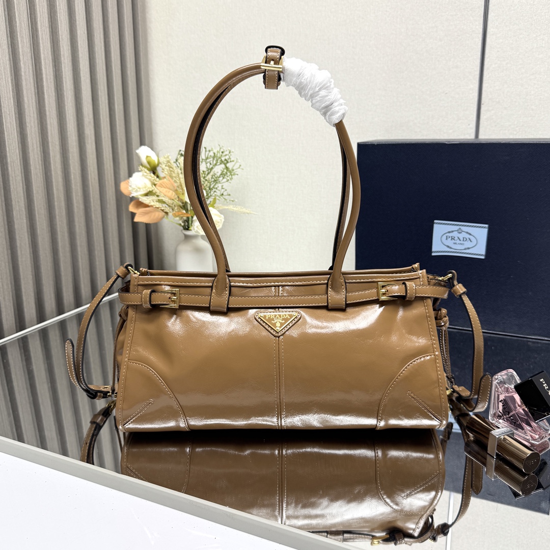 Prada Bonnie Medium Shiny Calfskin Tote-Sand