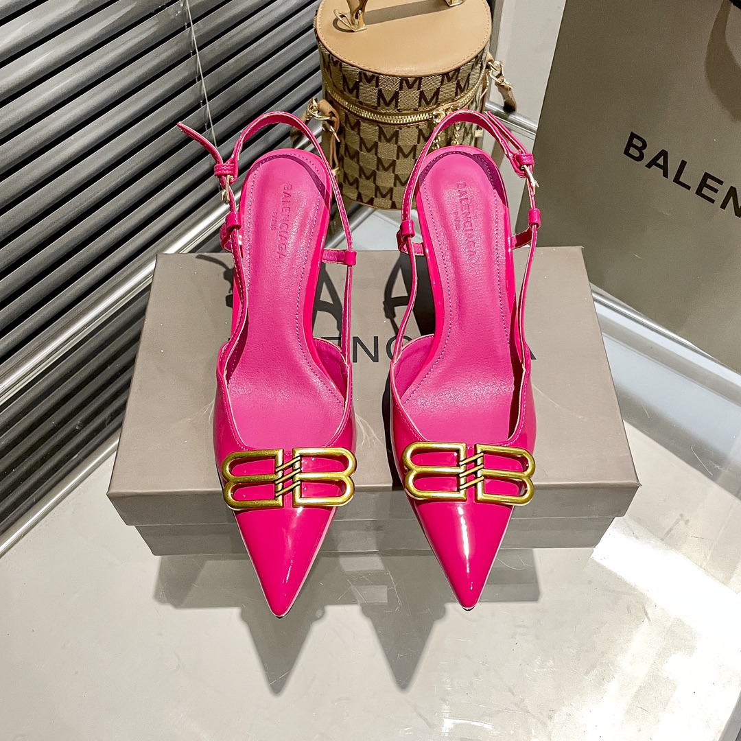 Balenciaga Pointed Toe Gold BB Logo Patent Leather Slingback Pumps Heels - KAIROO