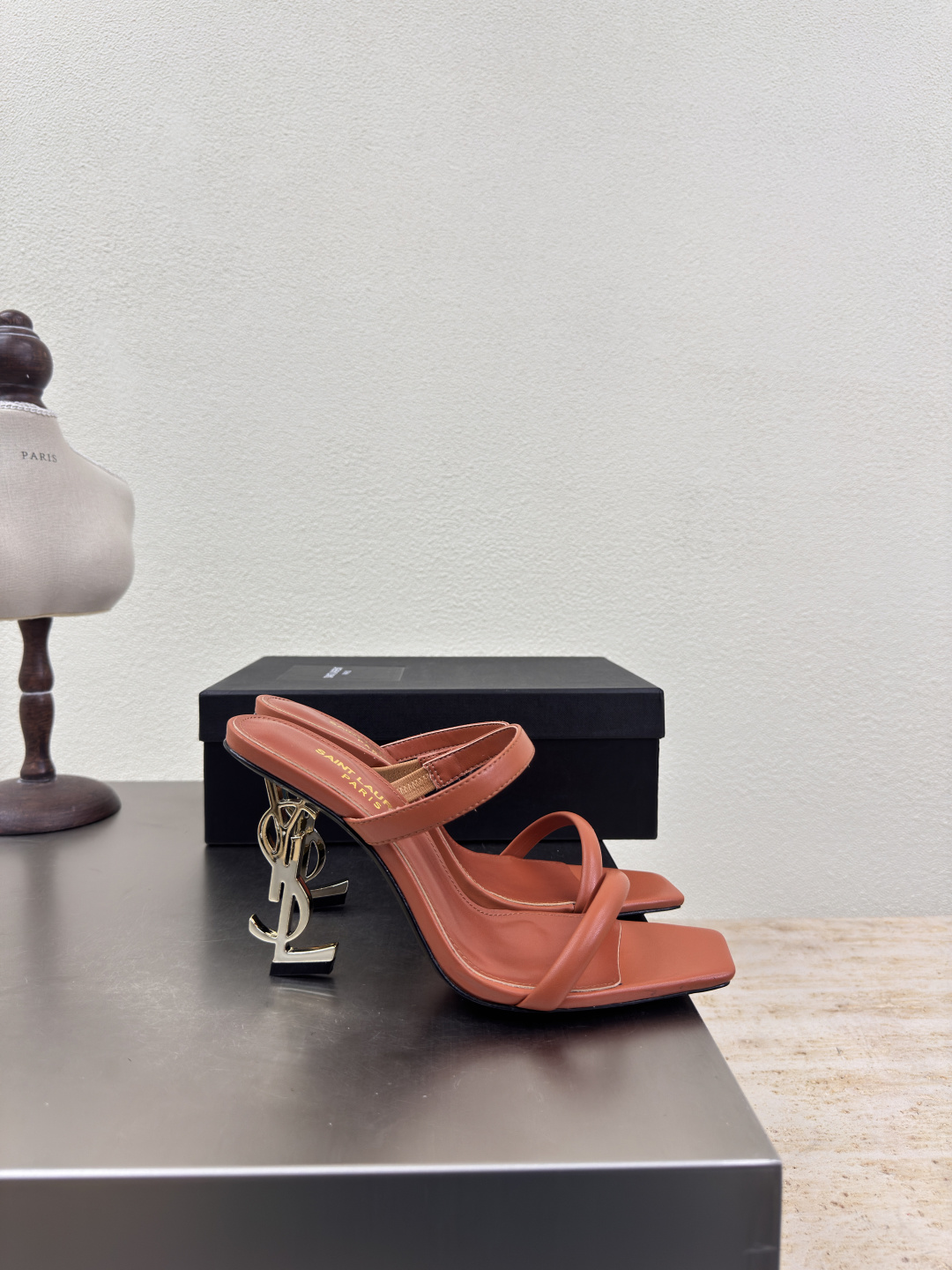 Saint Laurent Amber Orange Smooth Leather Square Toe Metal YSL Logo Opyum Heel Backless Mules Sandals - KAIROO
