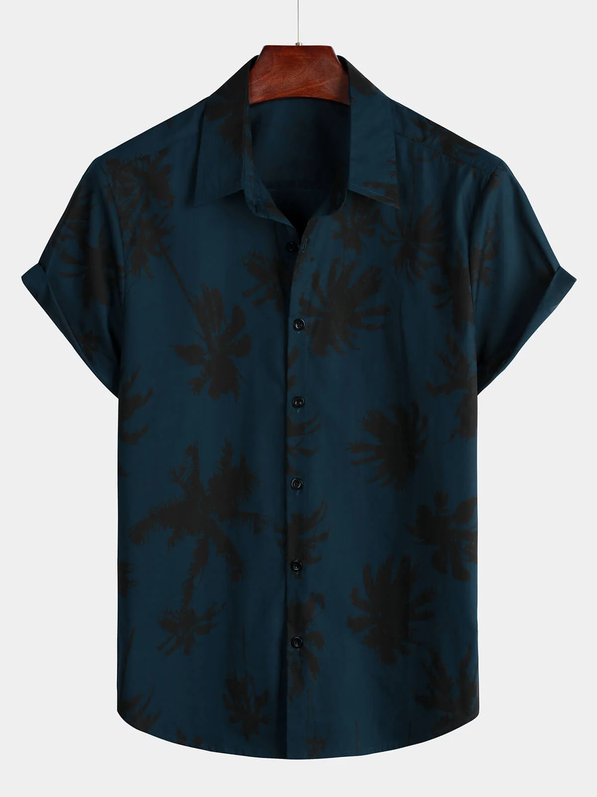 Men's Navy Palm Print 100% Cotton Hawaiian Collar Short Sleeve Shirt