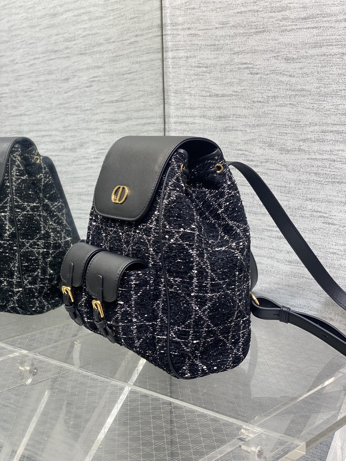 Dior Caro Small Backpack in Black Tweed and leather