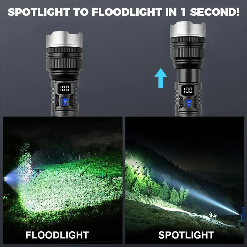 2-in-1 Rechargeable LED Tactical Flashlight - Zoomable Bright Light with Power Bank & Digital Battery Display for Camping & Emergencies