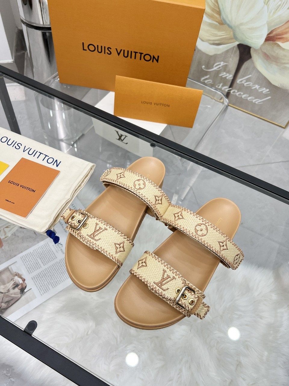Louis Vuitton Stitched Edge Monogram Raffia Leather Paseo Double Strap Buckle Slides Mule Sandals - KAIROO