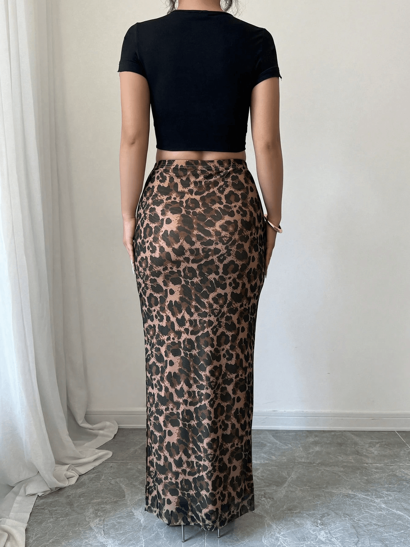 Women's Leopard Print Mesh Fitted Skirt