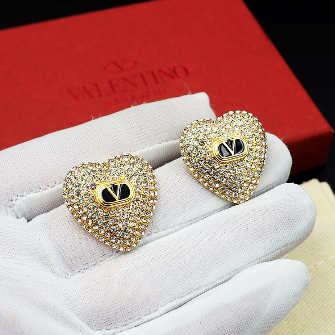 Valentino Vlogo Full Rhinestone Heart Earrings