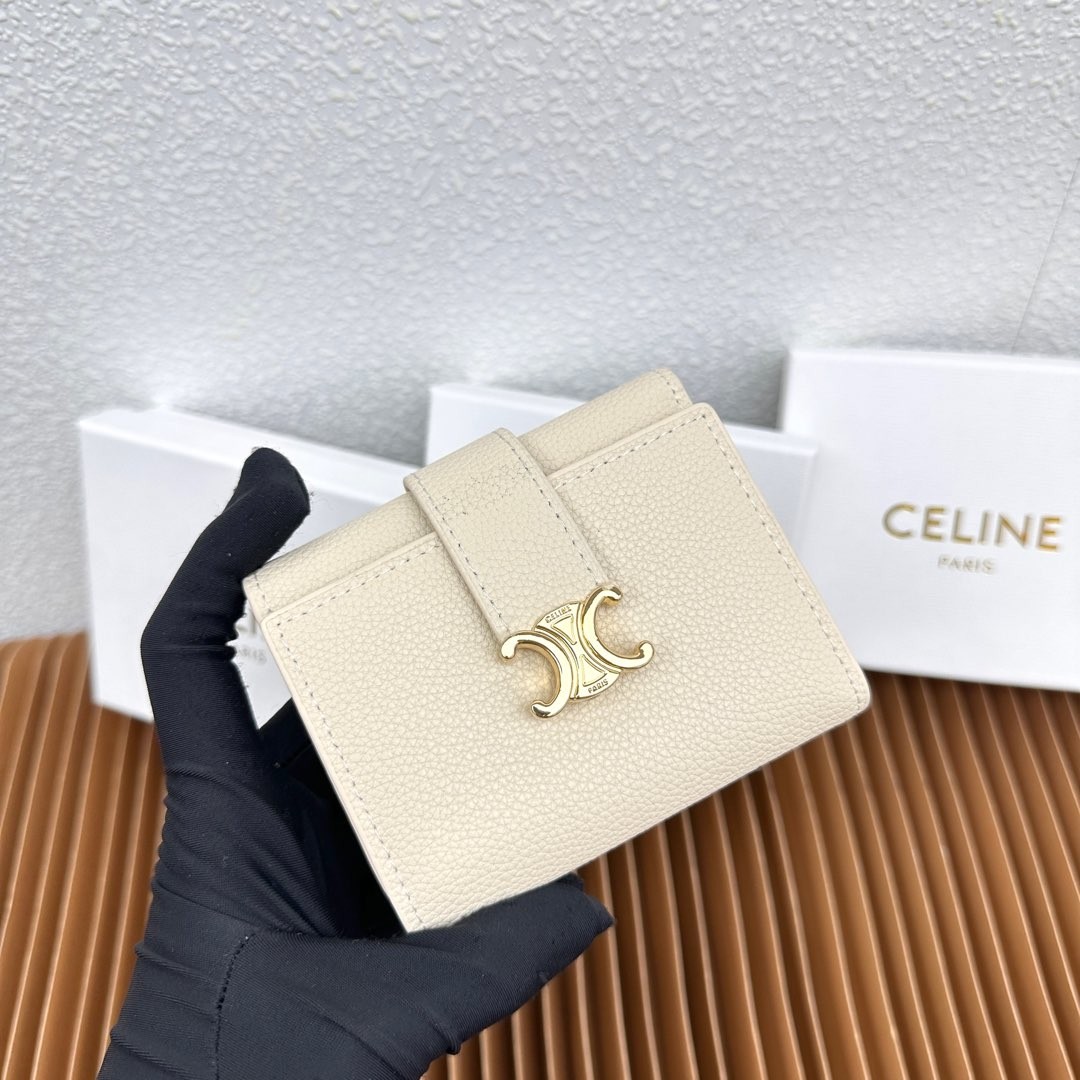 Celine Small Triomphe Canvas Grained Leather Metallic Buckle Square Compact Trifold Short Wallet - KAIROO