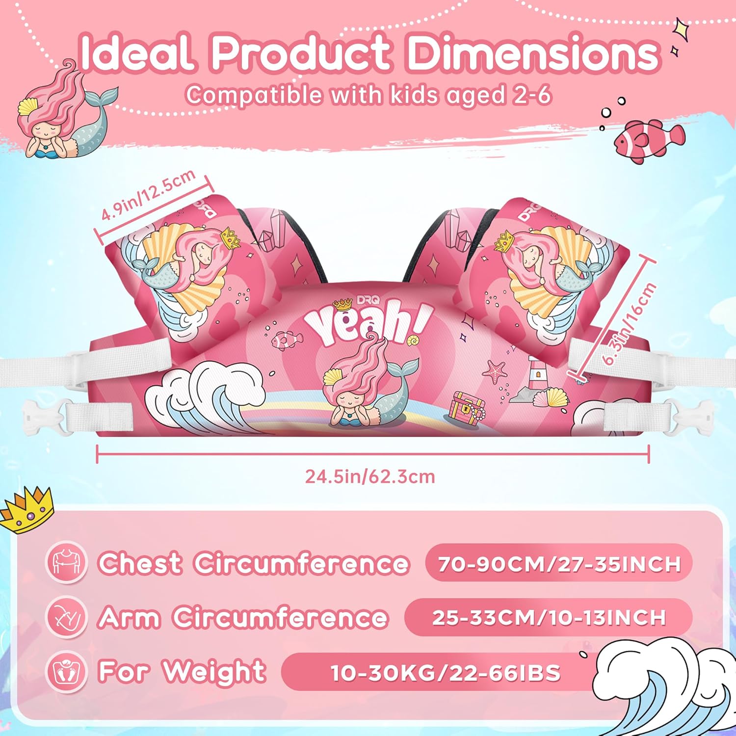 DRQ Toddler Swim Vest, Toddler Floaties for 22-66lbs Kids, Puddle Jumper Kids Life Jacket with Shoulder Harness Arm Wings for Girls Boys 2 3 4 5 6 Years Old