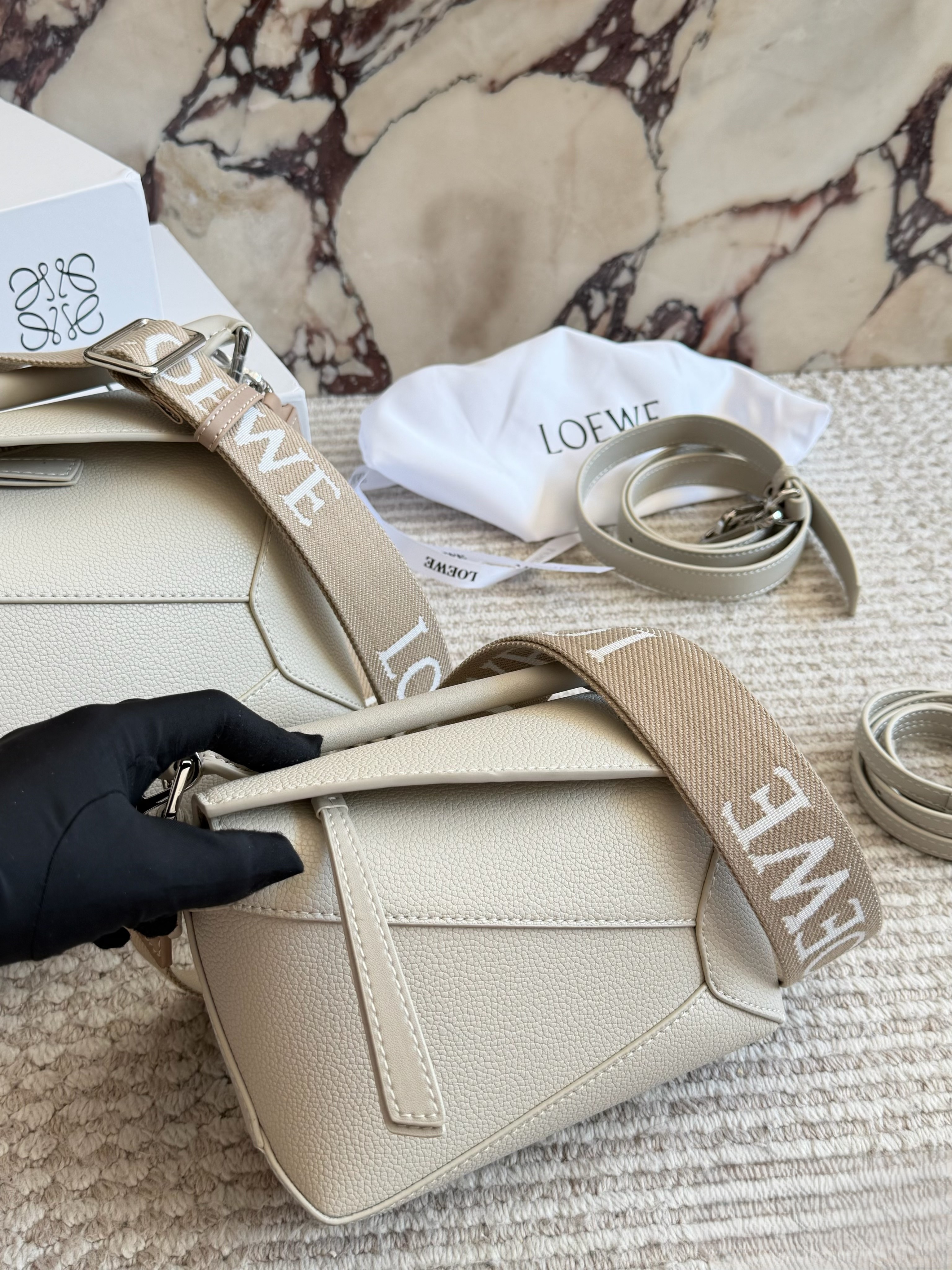Loewe Puzzle 18/24 Beige Edge Grained Calfskin Leather Monogram Webbing Strap Handle Shoulder Bag - KAIROO