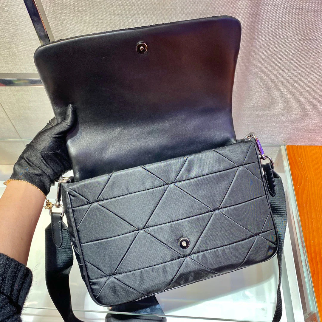 Prada LARGE FLAP BAG 28 IN BLACK TRIANGULAR QUILTED PATTERN RE-NYLON