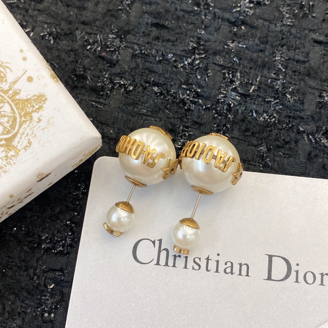 Dior Vintage CD White Pearl Stud Earrings