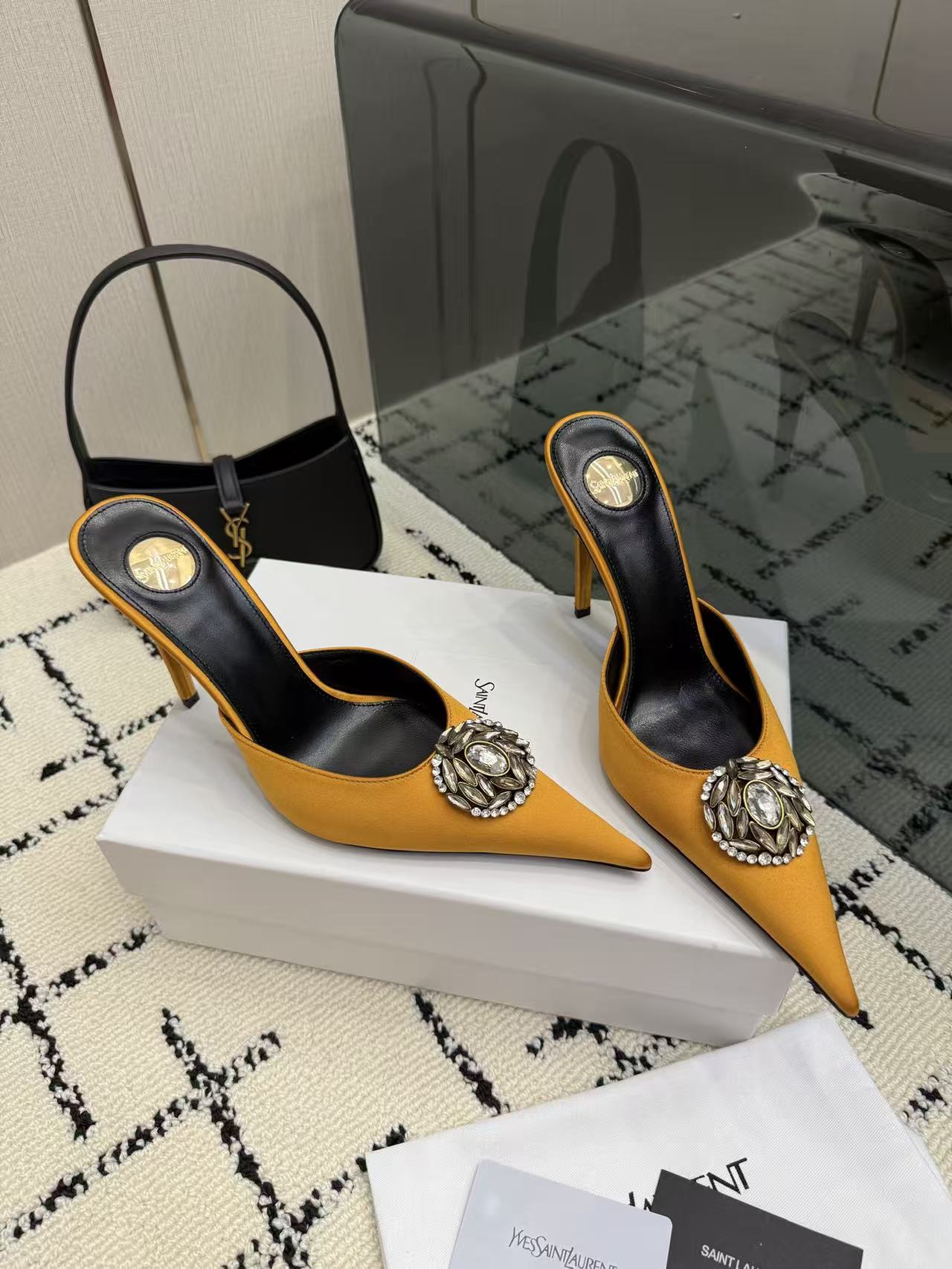 Saint Laurent YSL Mustard Yellow Pointed Toe Satin Crystal Brooch Stiletto Heel Mules Sandals - KAIROO