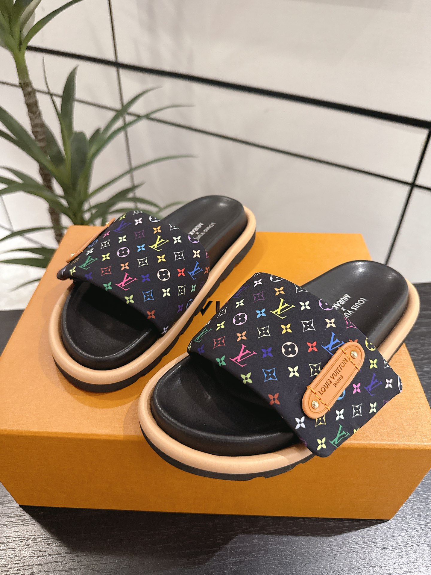 Louis Vuitton × Takashi Murakami Black Monogram Multicolore Puffy Velcro Strap Flat Slides Sandals - KAIROO