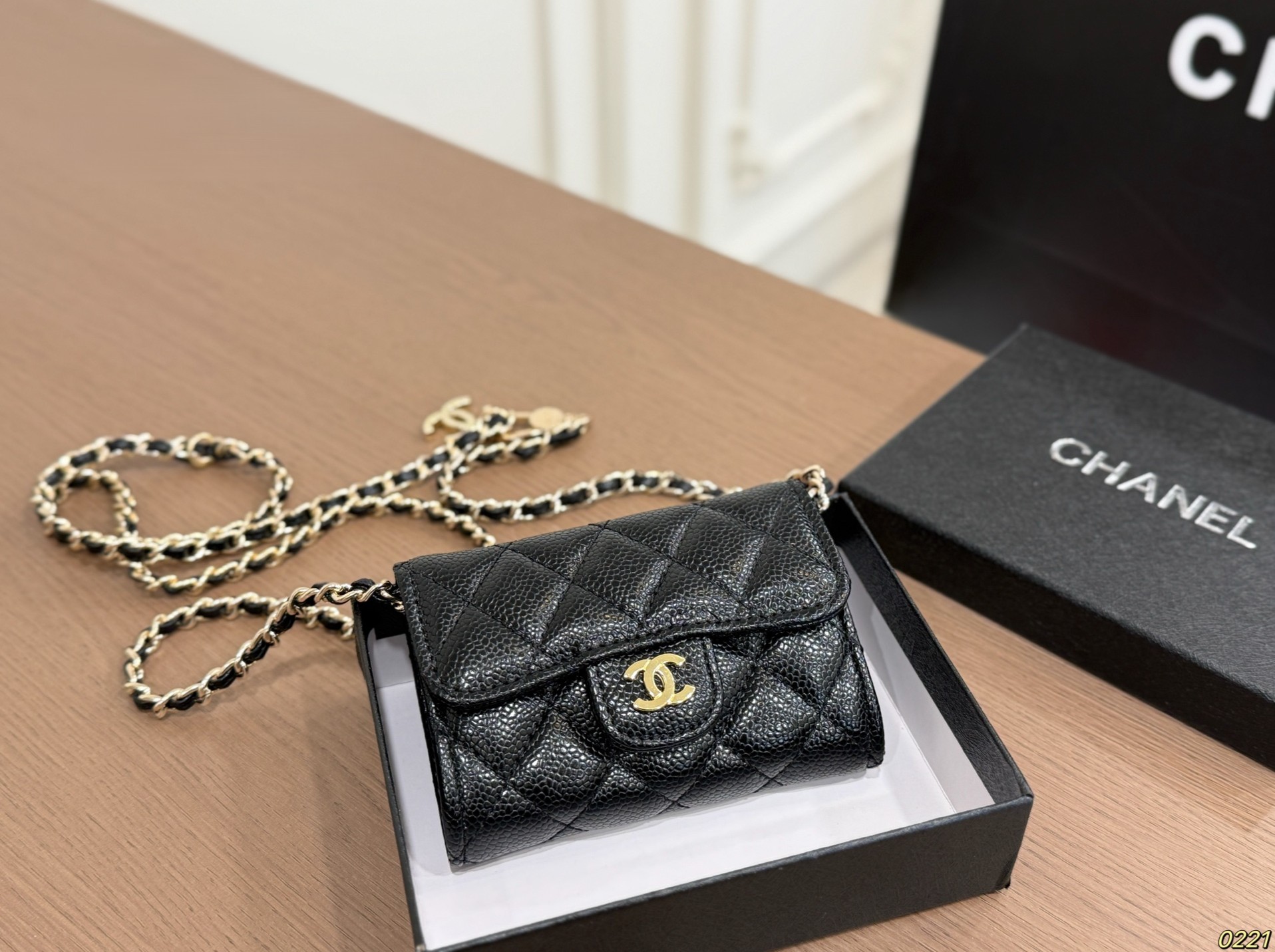 Chanel Mini Quilted Caviar Chain Strap Compact Flap Card Holder Wallets - KAIROO