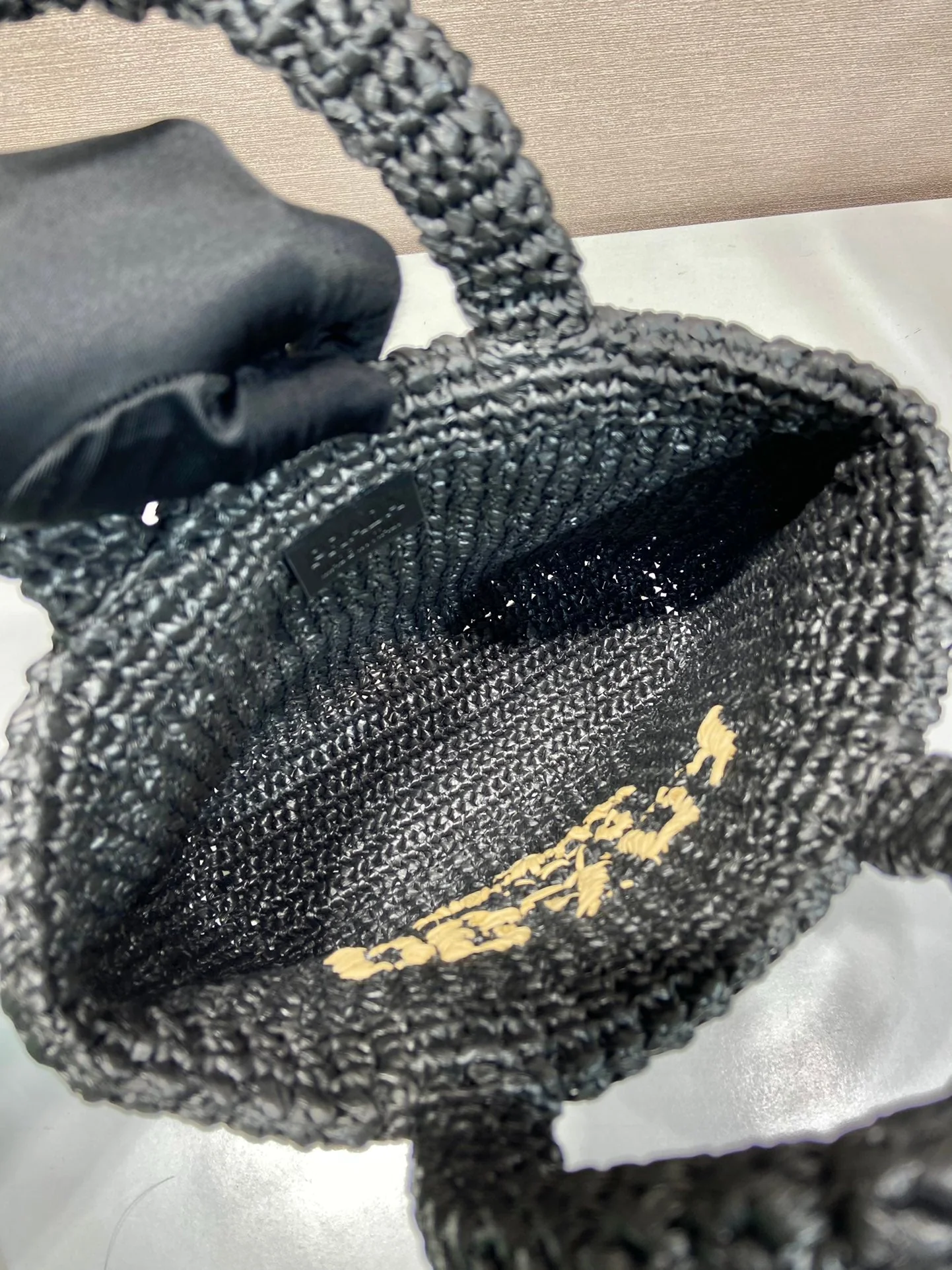 Prada SMALL CROCHET TOTE BAG 24 IN BLACK MIX YELLOW RAFFIA