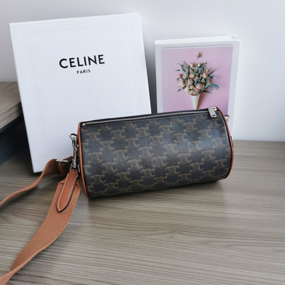 Celine Triomphe Canvas White Logo Print Strap Cylinder Duffle Crossbody Bag - KAIROO