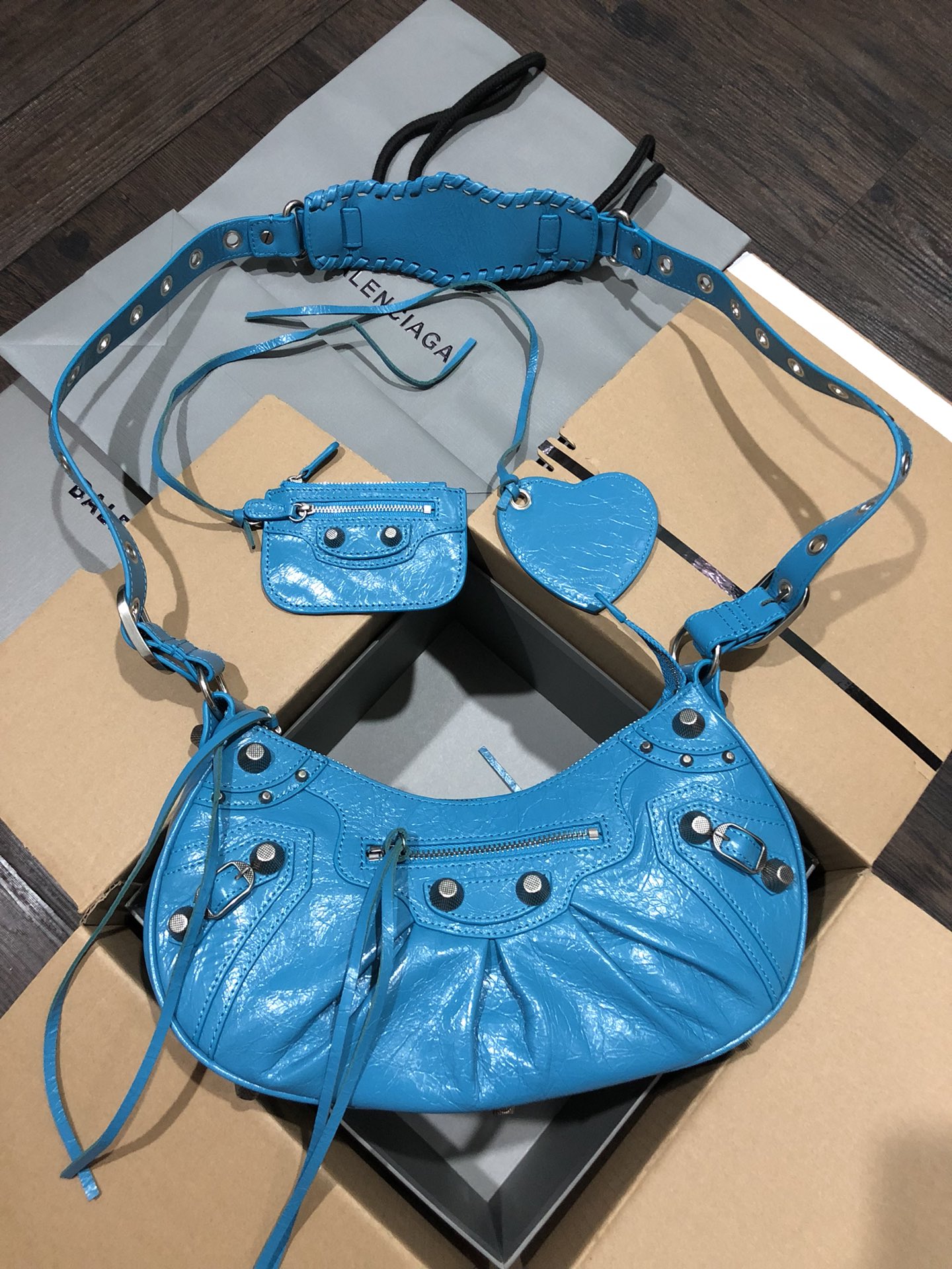 Balenciaga Le Cagole Blue Limited Crinkled Leather Studded Purse& Heart Mirror Charm Hobo Shoulder Bag - KAIROO
