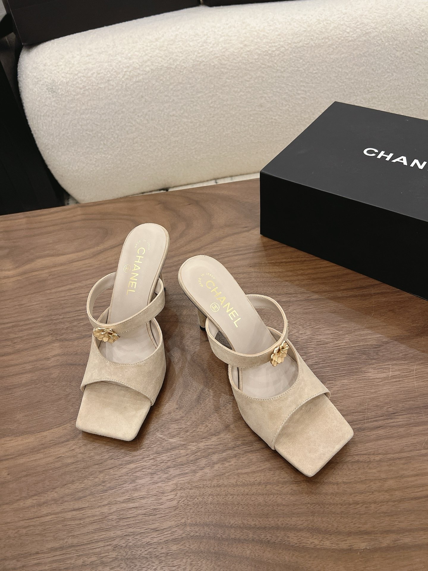 Chanel 26K Beige Camellia Buckle Suede Leather Square Toe Sandals Mules Heels - KAIROO
