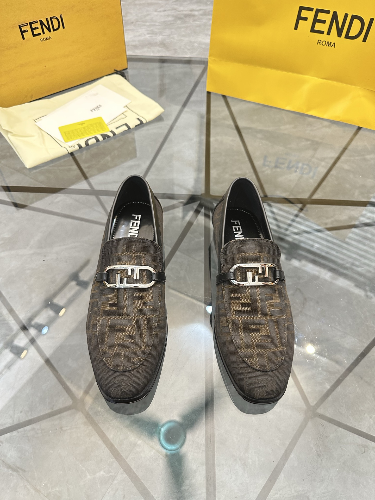 Fendi Almond Toe FF Monogram Jacquard Fabric Loafers With O'Lock Detail - KAIROO