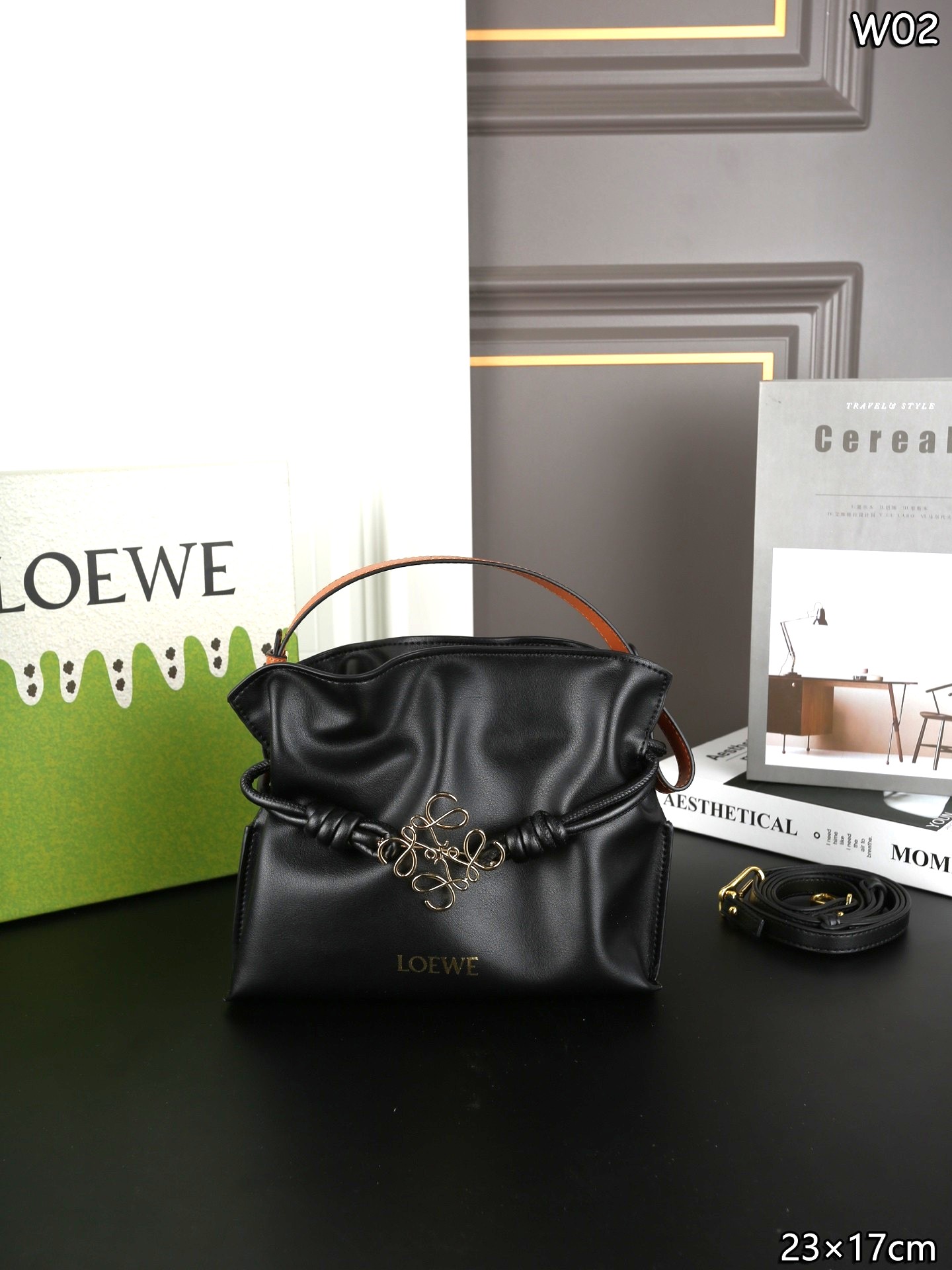 Loewe Black Mini Flamenco Clutch Drawstring Knots Nappa Leather Magnetic Closure Handle Bag - KAIROO