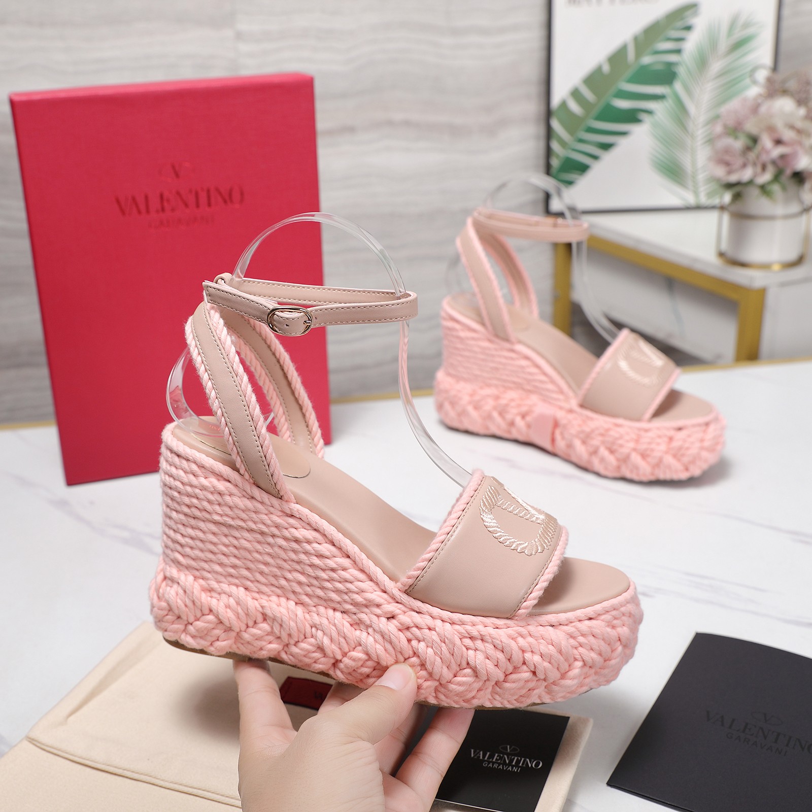 Valentino Garavani Pink Smooth Leather VLogo Embroidered Platform Jute Wedge Espadrille Sandal Heels - KAIROO