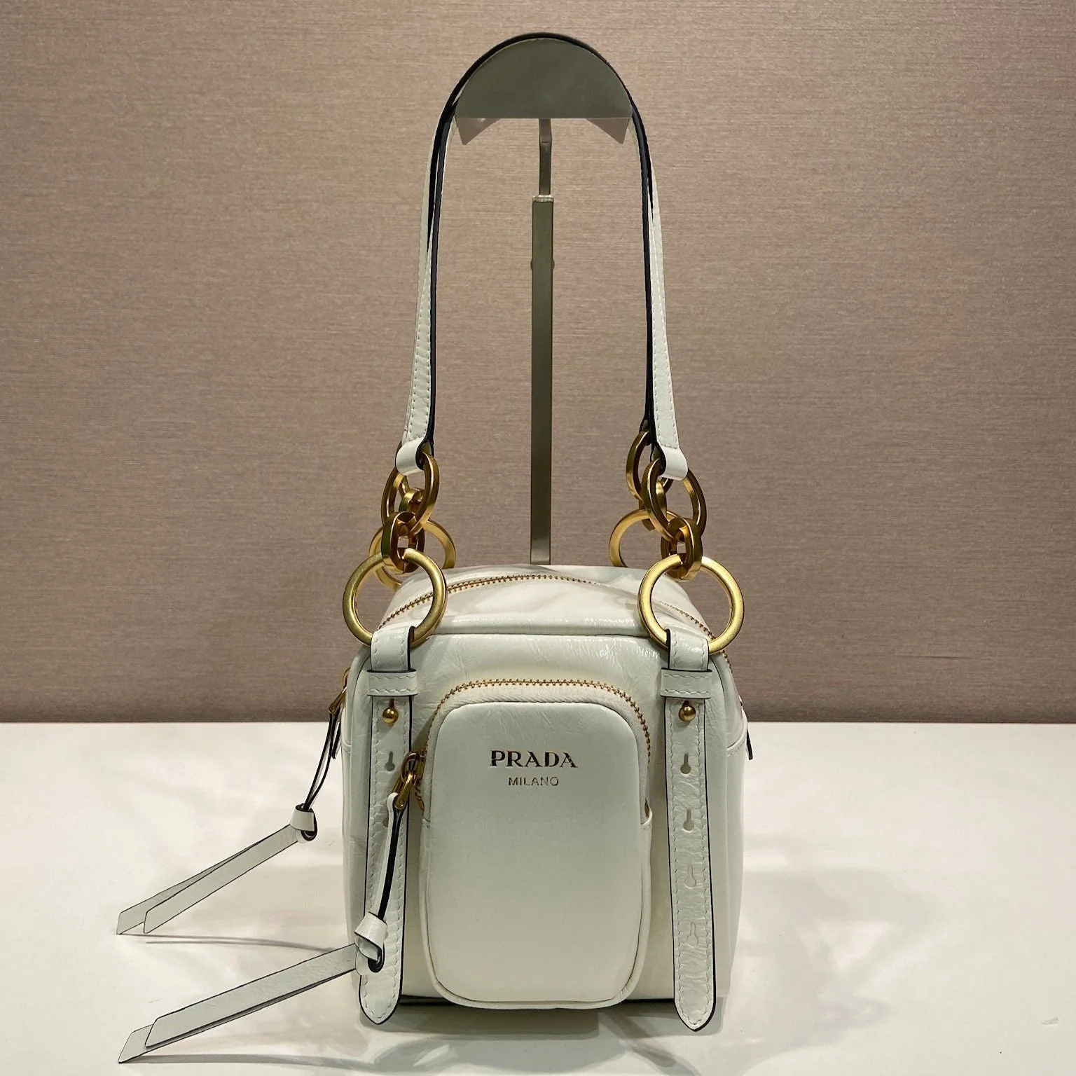 Prada SMALL RECTANGULAR BAG 14 IN WHITE OIL WAX LAMBSKIN GOLD HARDWARE